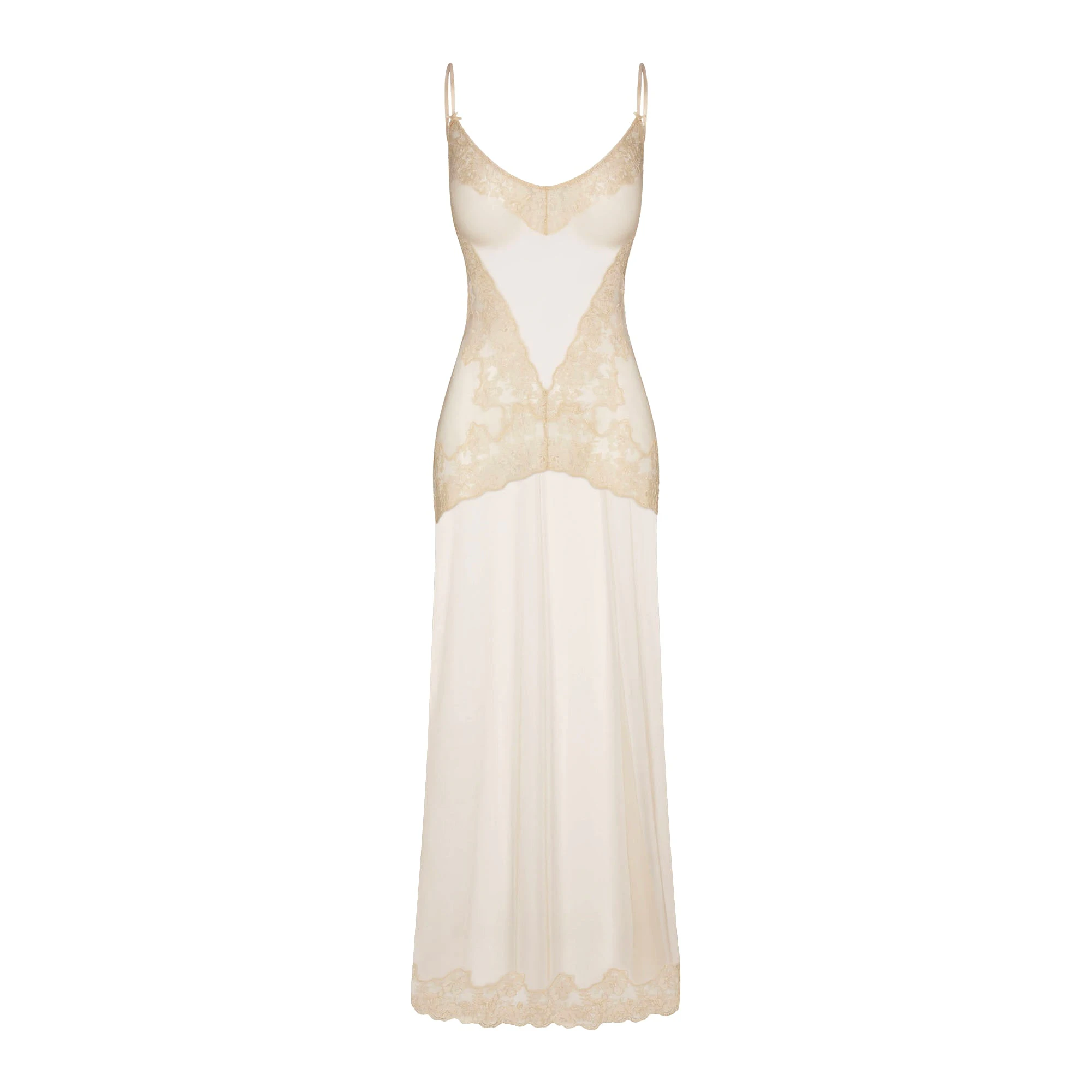 EMBROIDERED LINGERIE LONG SLIP DRESS | CHAMPAGNE FLAT ON A WHITE BACKGROUND | FLT