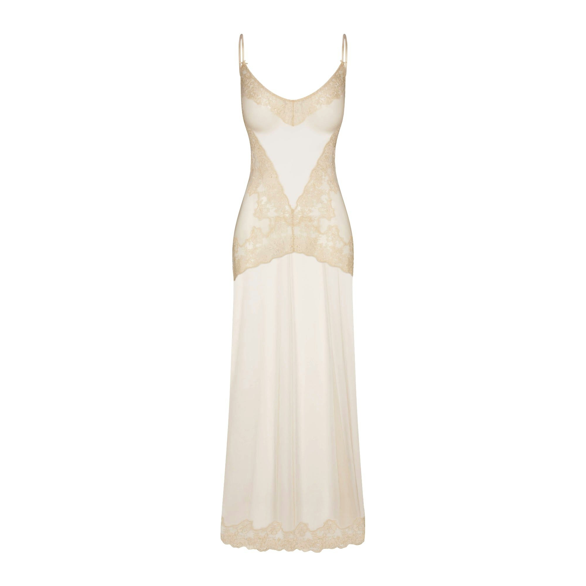 EMBROIDERED LINGERIE LONG SLIP DRESS | CHAMPAGNE FLAT ON A WHITE BACKGROUND | FLT