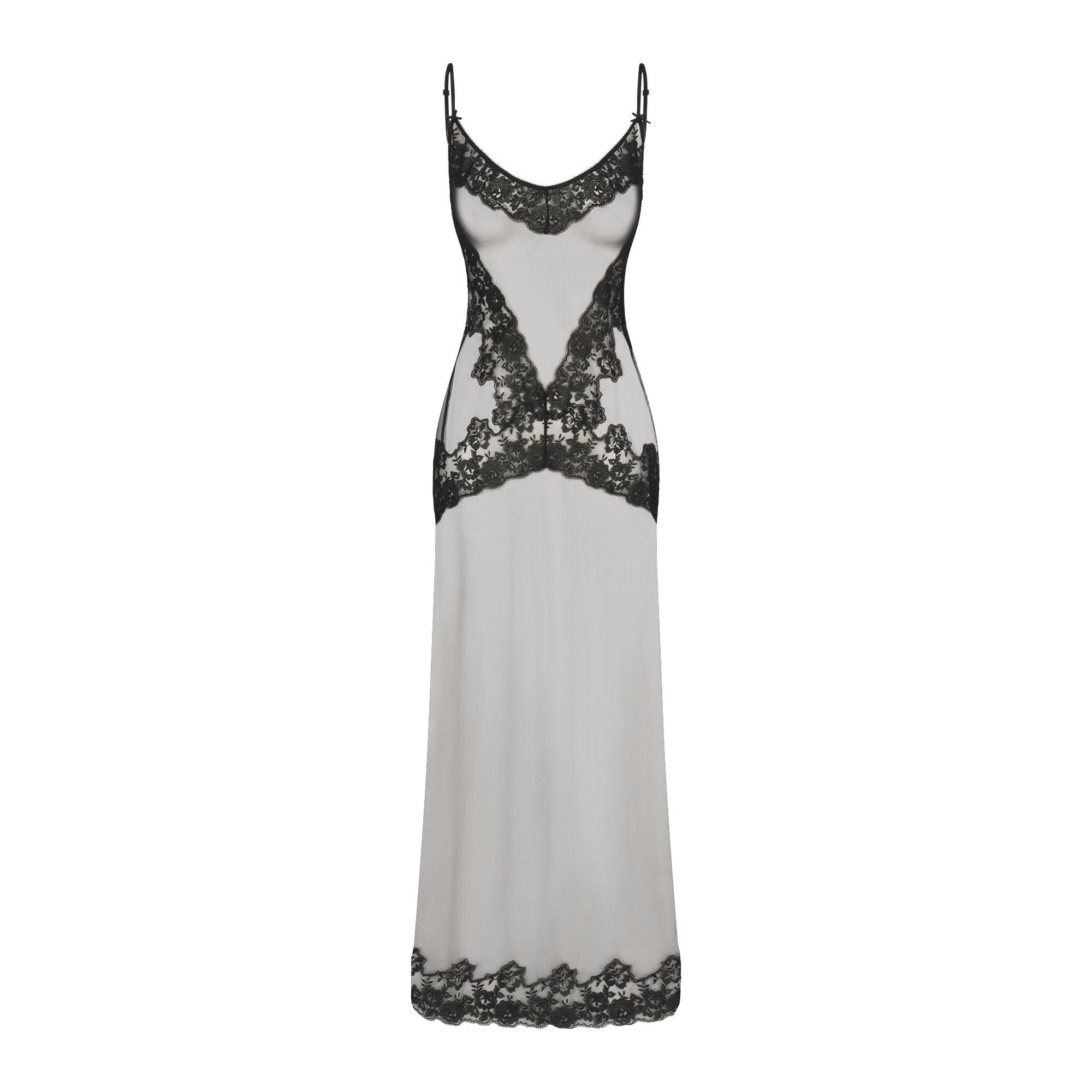 EMBROIDERED LINGERIE LONG SLIP DRESS | ONYX FLAT ON A WHITE BACKGROUND | FLT