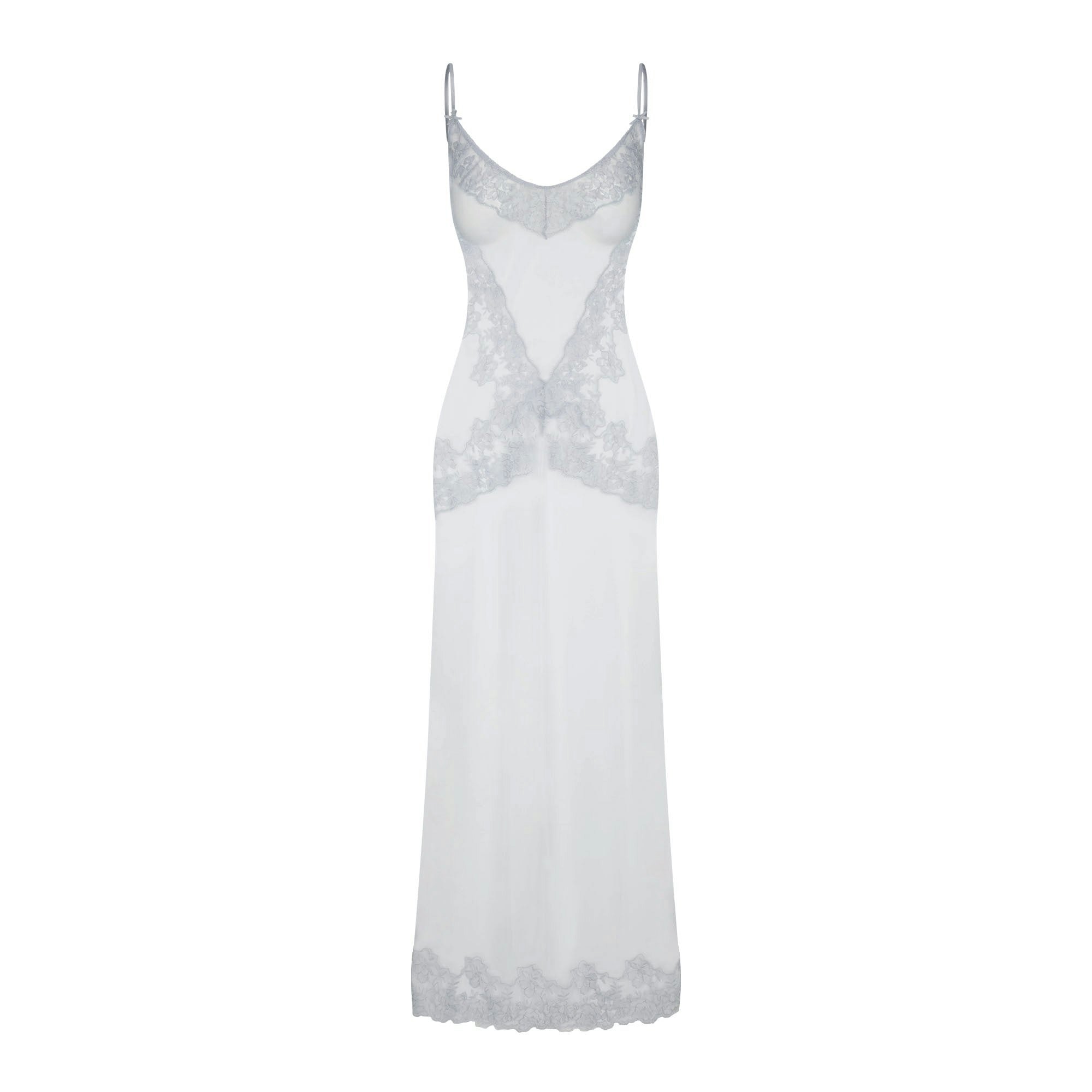 EMBROIDERED LINGERIE LONG SLIP DRESS | PEARL FLAT ON A WHITE BACKGROUND | FLT
