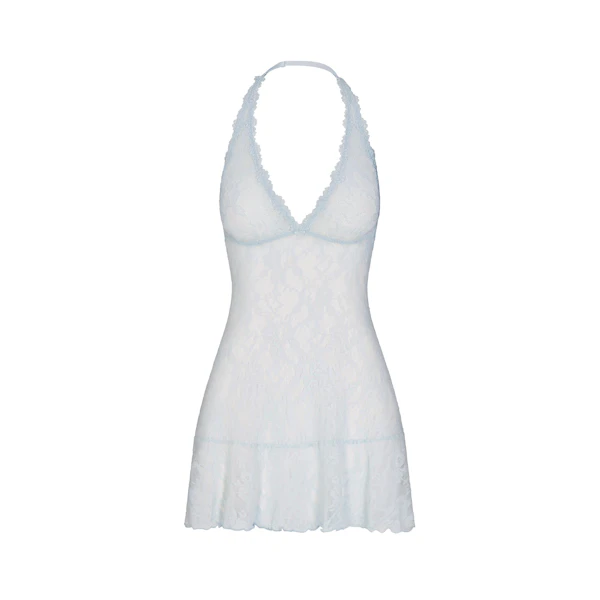 STRETCH LACE HALTER MINI DRESS | POWDER BLUE FLAT ON A WHITE BACKGROUND | FLT