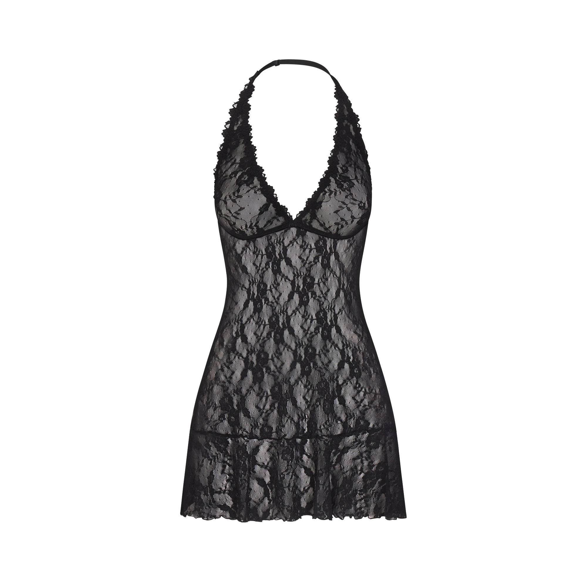 STRETCH LACE HALTER MINI DRESS | SOOT FLAT ON A WHITE BACKGROUND | FLT