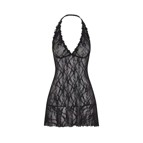 STRETCH LACE HALTER MINI DRESS | SOOT FLAT ON A WHITE BACKGROUND | FLT