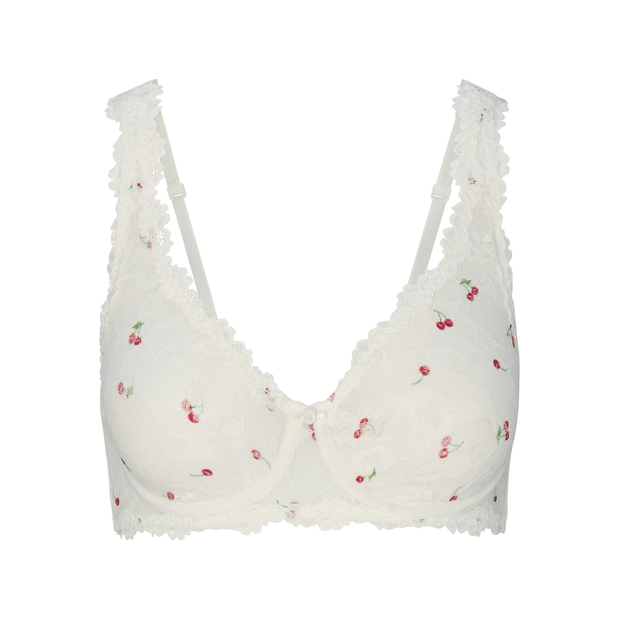 STRETCH LACE UNLINED FULL COVERAGE BRA | IVORY CHERRY PRINT FLAT ON A WHITE BACKGROUND | FLT