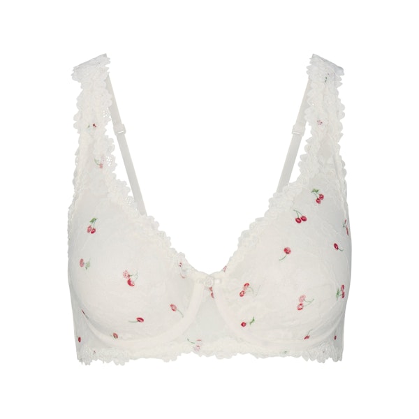 STRETCH LACE UNLINED FULL COVERAGE BRA | IVORY CHERRY PRINT FLAT ON A WHITE BACKGROUND | FLT