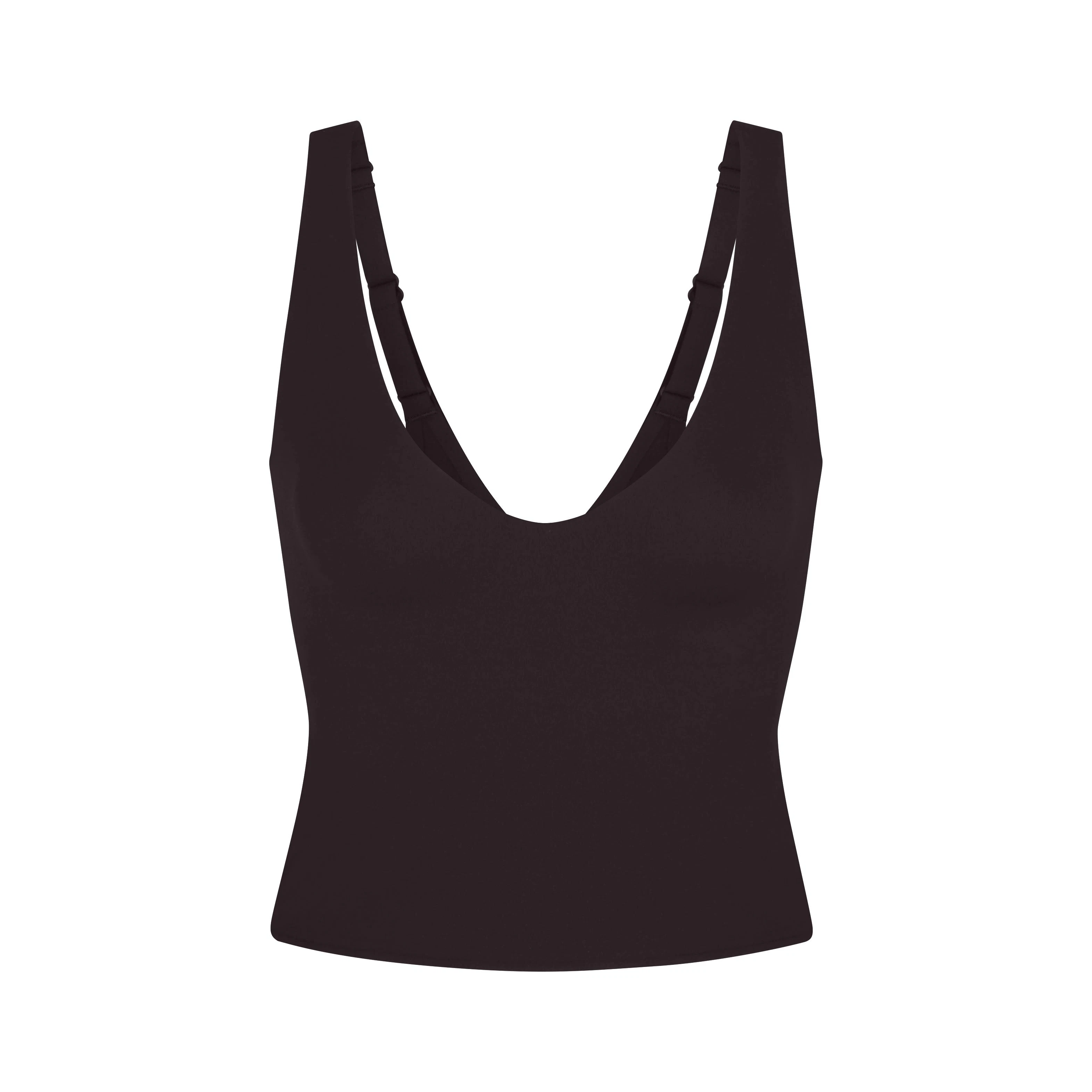 NikeSKIMS STUDIO STRETCH PLUNGE TANK | DARK ROASTLAYS FLAT ON A WHITE BACKGROUND | FLT