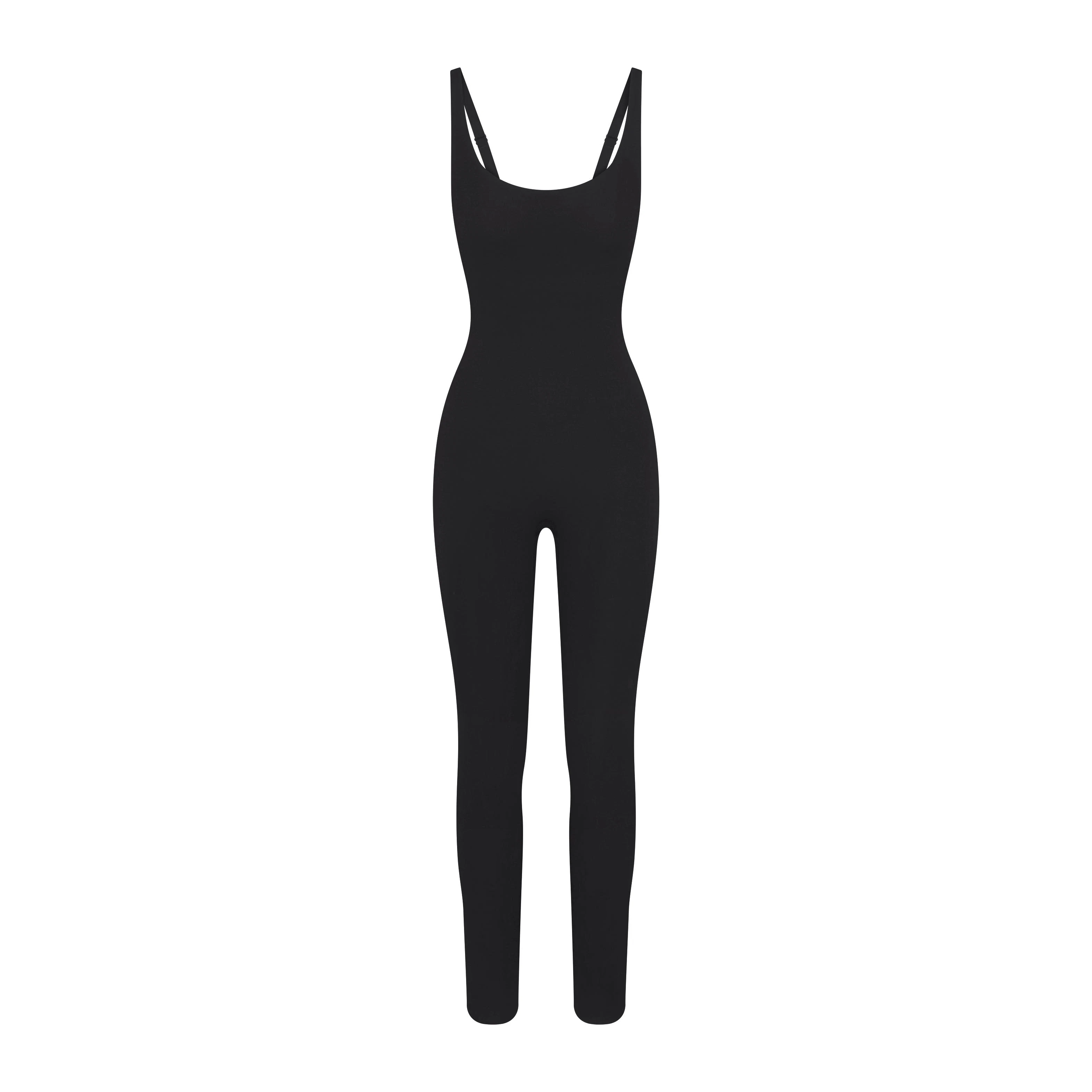 NikeSKIMS STUDIO STRETCH LONG 29" ONE PIECE | OBSIDIANLAYS FLAT ON A WHITE BACKGROUND | FLT
