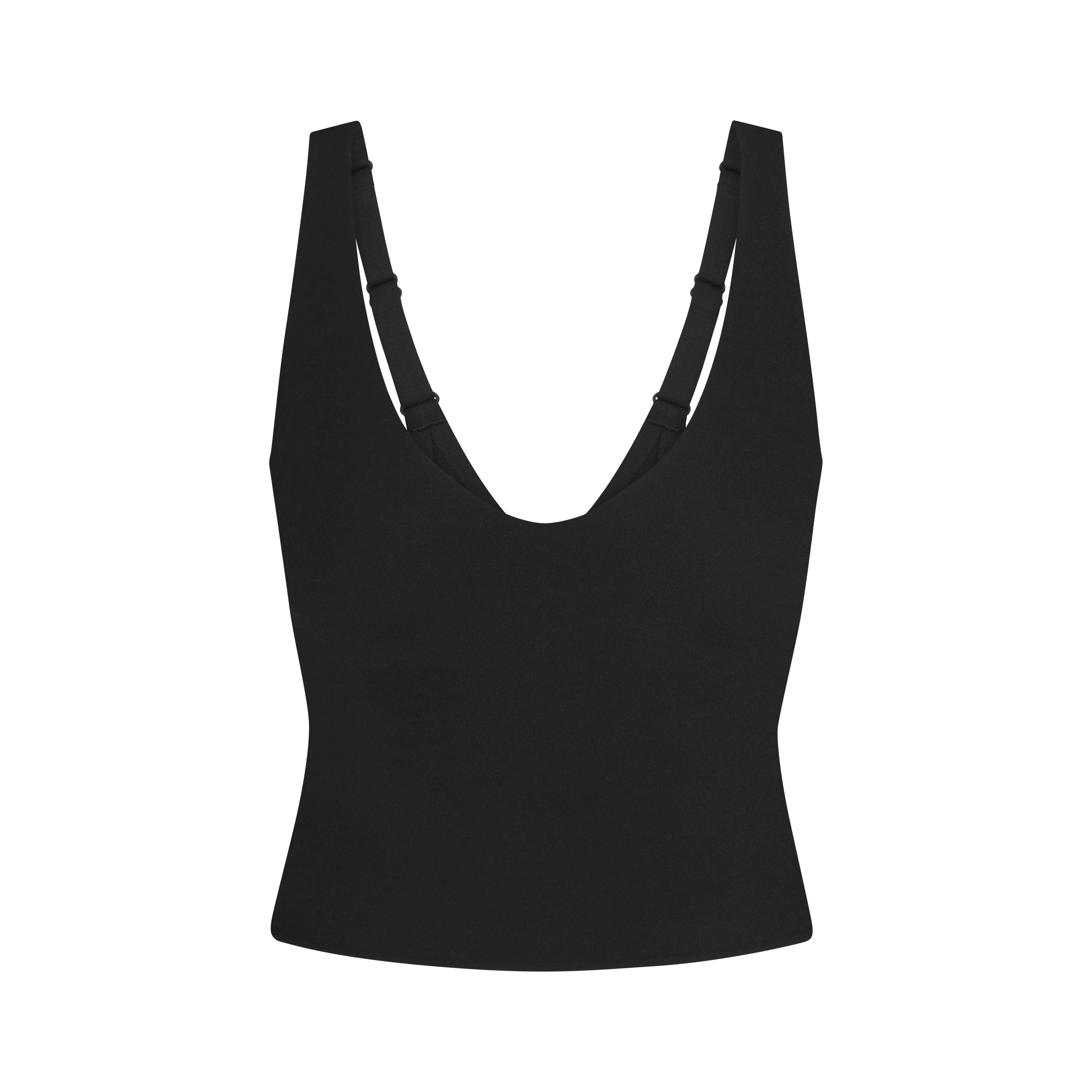 NikeSKIMS STUDIO STRETCH PLUNGE TANK | OBSIDIANLAYS FLAT ON A WHITE BACKGROUND | FLT