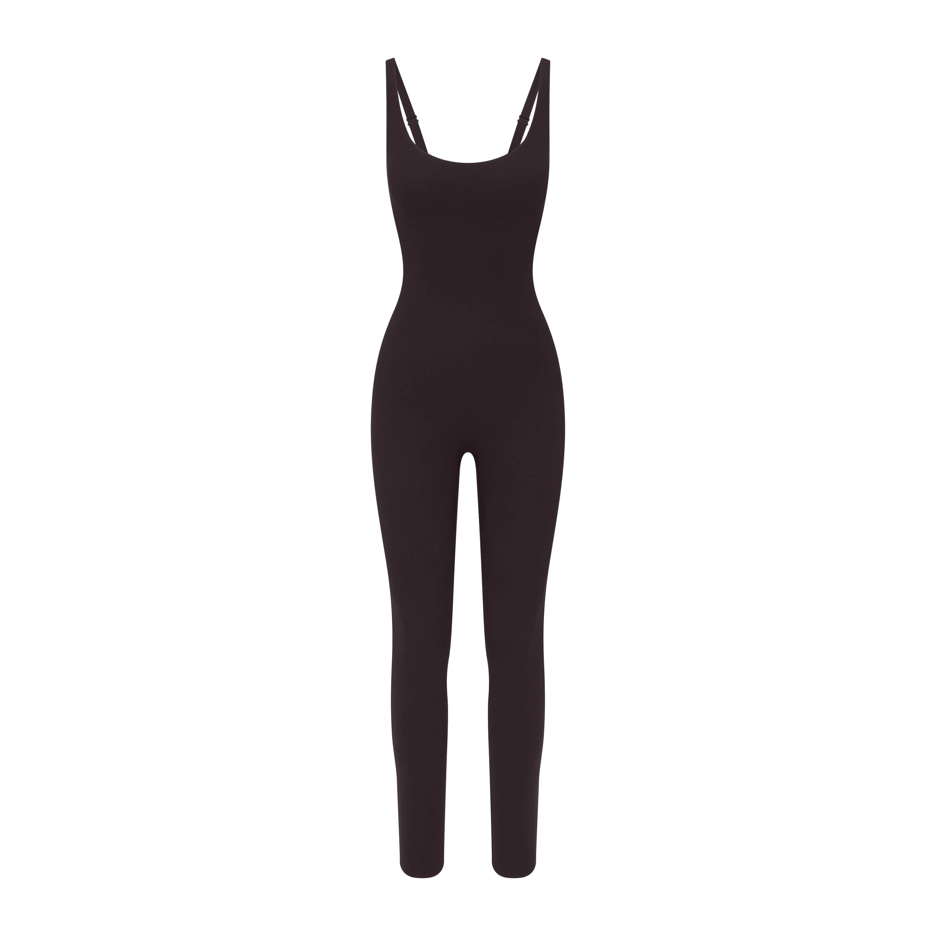 NikeSKIMS STUDIO STRETCH LONG 29" ONE PIECE | DARK ROASTLAYS FLAT ON A WHITE BACKGROUND | FLT