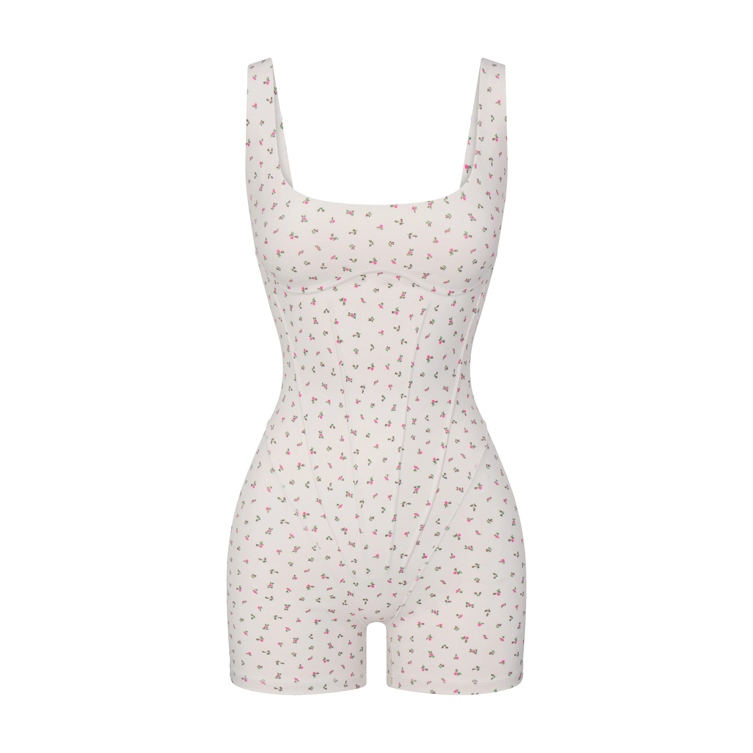 NikeSKIMS MATTE CORSET 2" ONE PIECE | DITSY FLORAL PRINT LAYS FLAT ON A WHITE BACKGROUND | FLT