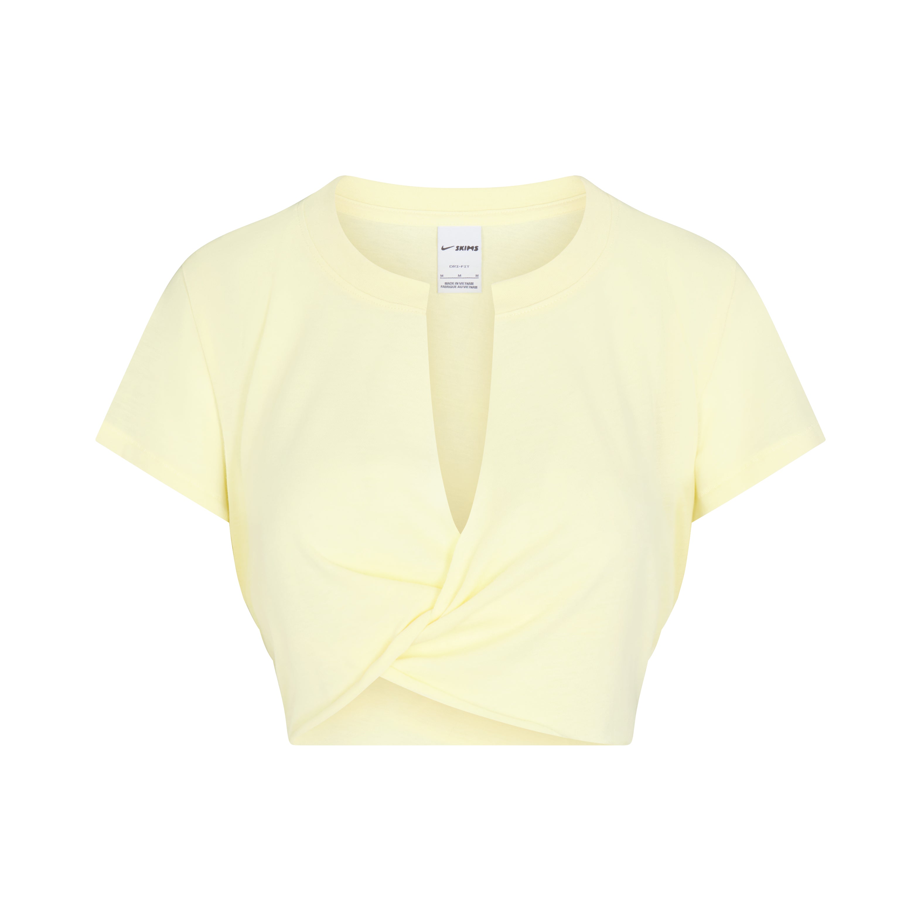 NikeSKIMS PERFORMANCE COTTON BLEND SHORT SLEEVE V-NECK TOP | BICYCLE YELLOW & LAYS FLAT ON A WHITE BACKGROUND | FLT