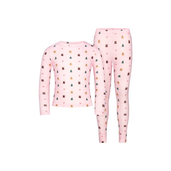 CACTUS PLANT FLEA MARKET X SKIMS PLUSH POINTELLE KIDS LONG SLEEVE SET | CHERRY BLOSSOM SNOW PRINT FLAT ON A WHITE BACKGROUND | FLT