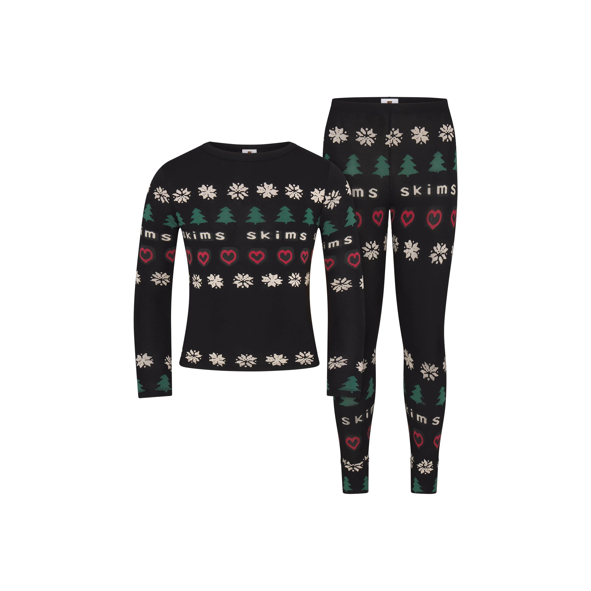 CACTUS PLANT FLEA MARKET X SKIMS SKIMS SLEEP KIDS SET | ONYX PINE FAIR ISLE FLAT ON A WHITE BACKGROUND | FLT