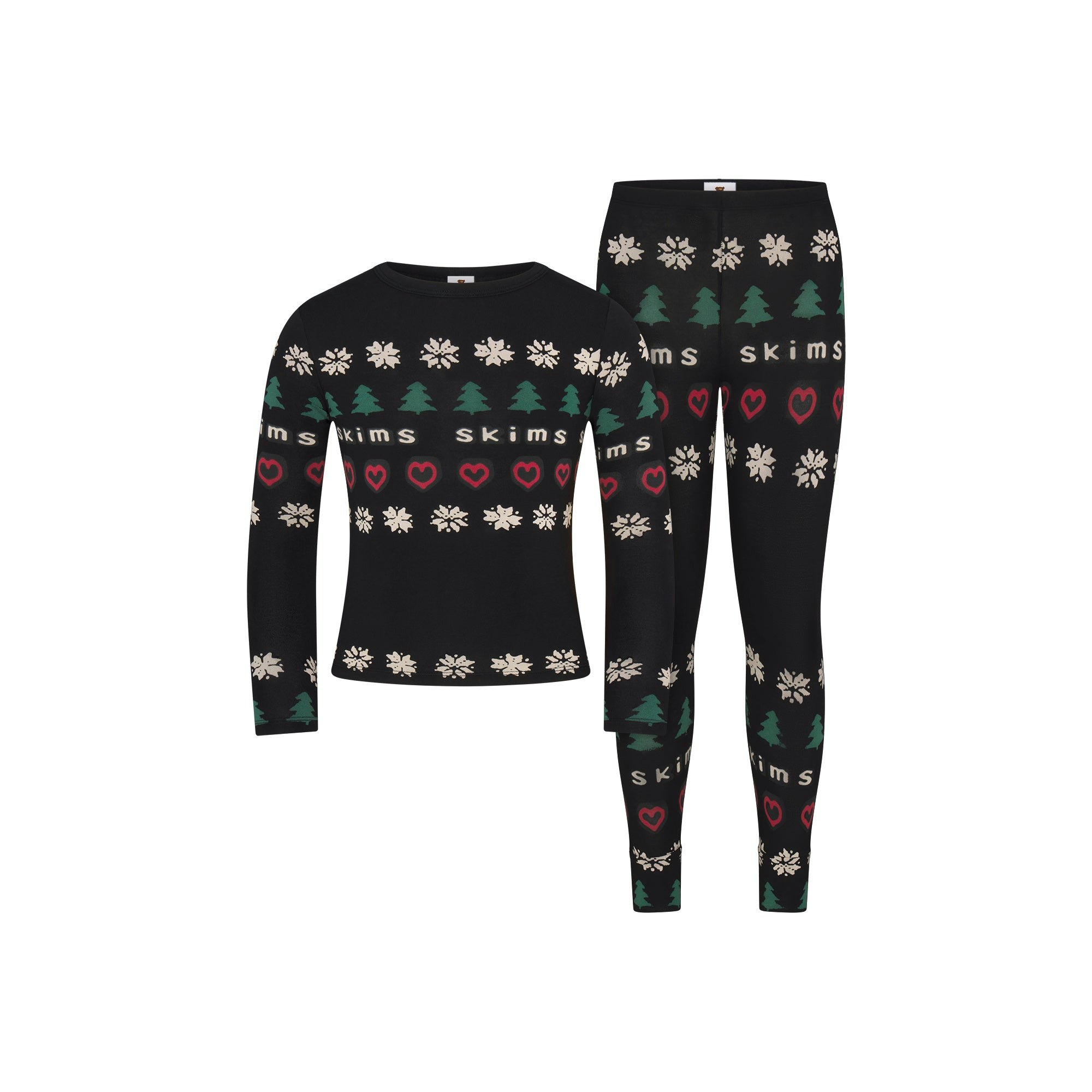 CACTUS PLANT FLEA MARKET X SKIMS SKIMS SLEEP KIDS SET | ONYX PINE FAIR ISLE FLAT ON A WHITE BACKGROUND | FLT