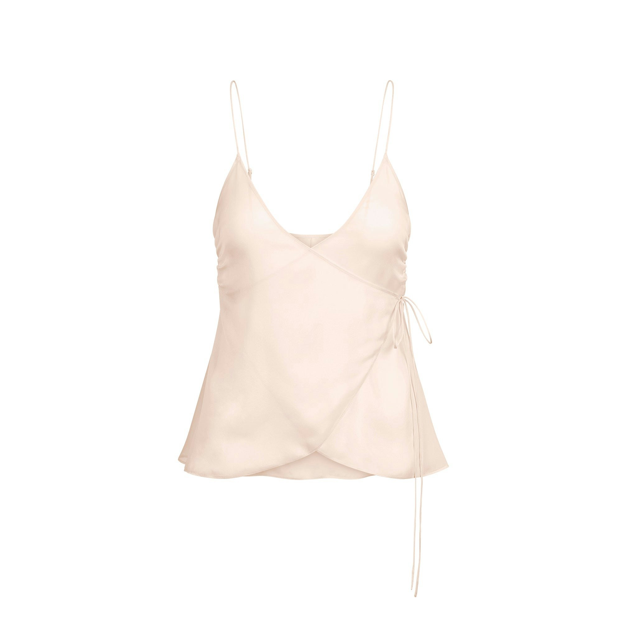 SKIMS ROMANCE WRAP CAMI TOP | PRIMROSE FLAT ON A WHITE BACKGROUND | FLT