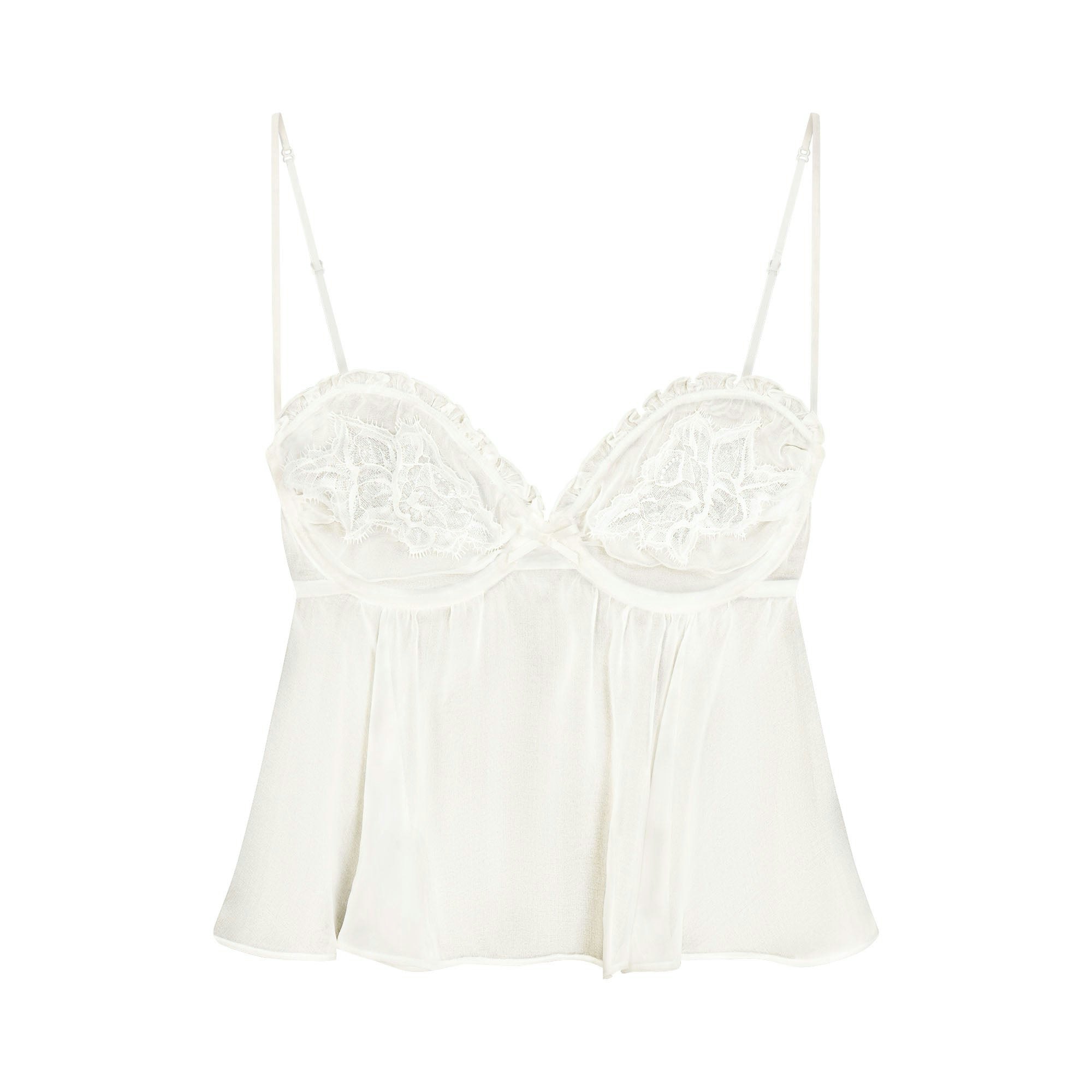 SKIMS ROMANCE BABYDOLL TOP AND STRING THONG SET | IVORY LAYS FLAT ON A WHITE BACKGROUND | FLT 