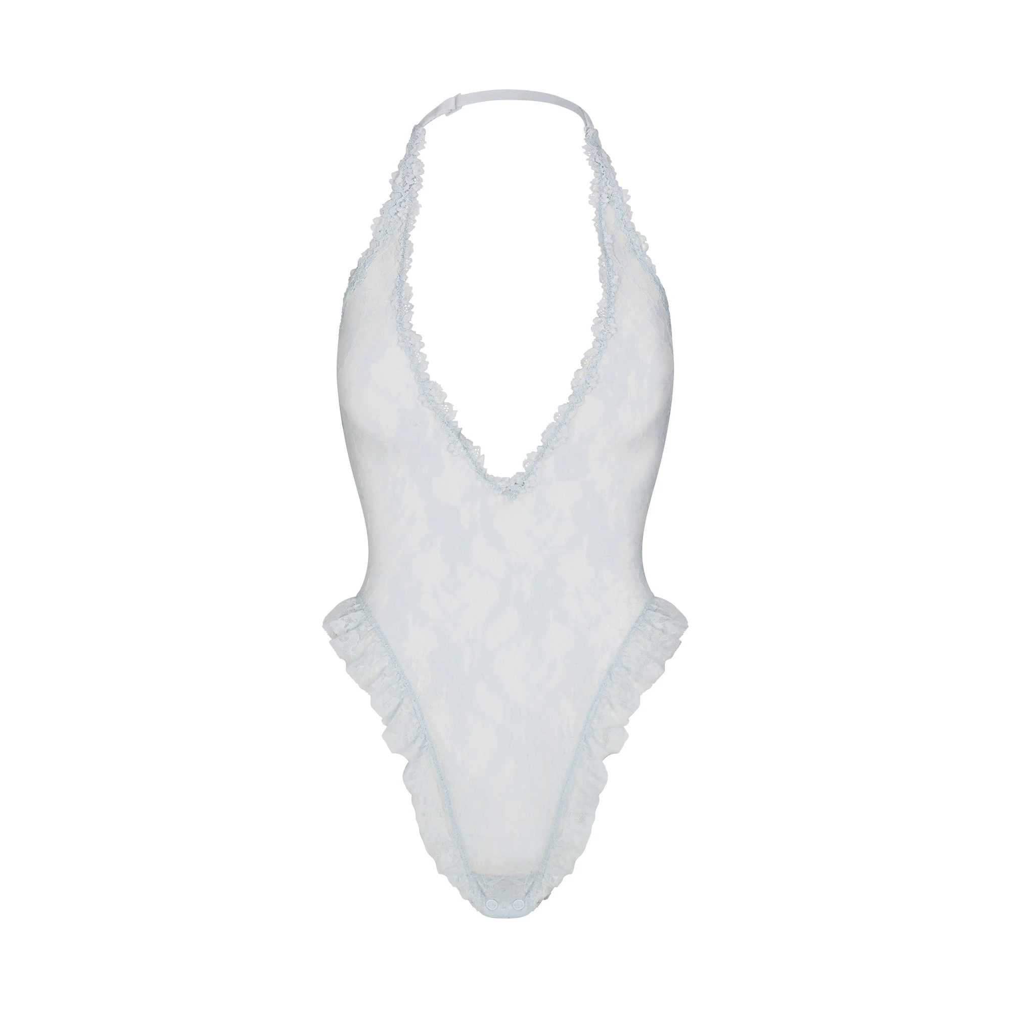 STRETCH LACE DEEP PLUNGE TEDDY | POWDER BLUE FLAT ON A WHITE BACKGROUND | FLT