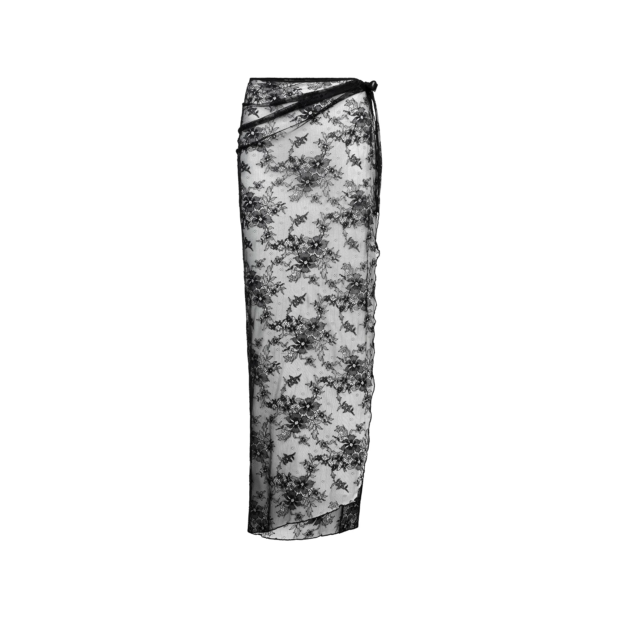 ULTRA FINE LACE LONG TIE SKIRT | ONYX FLAT ON A WHITE BACKGROUND | FLT