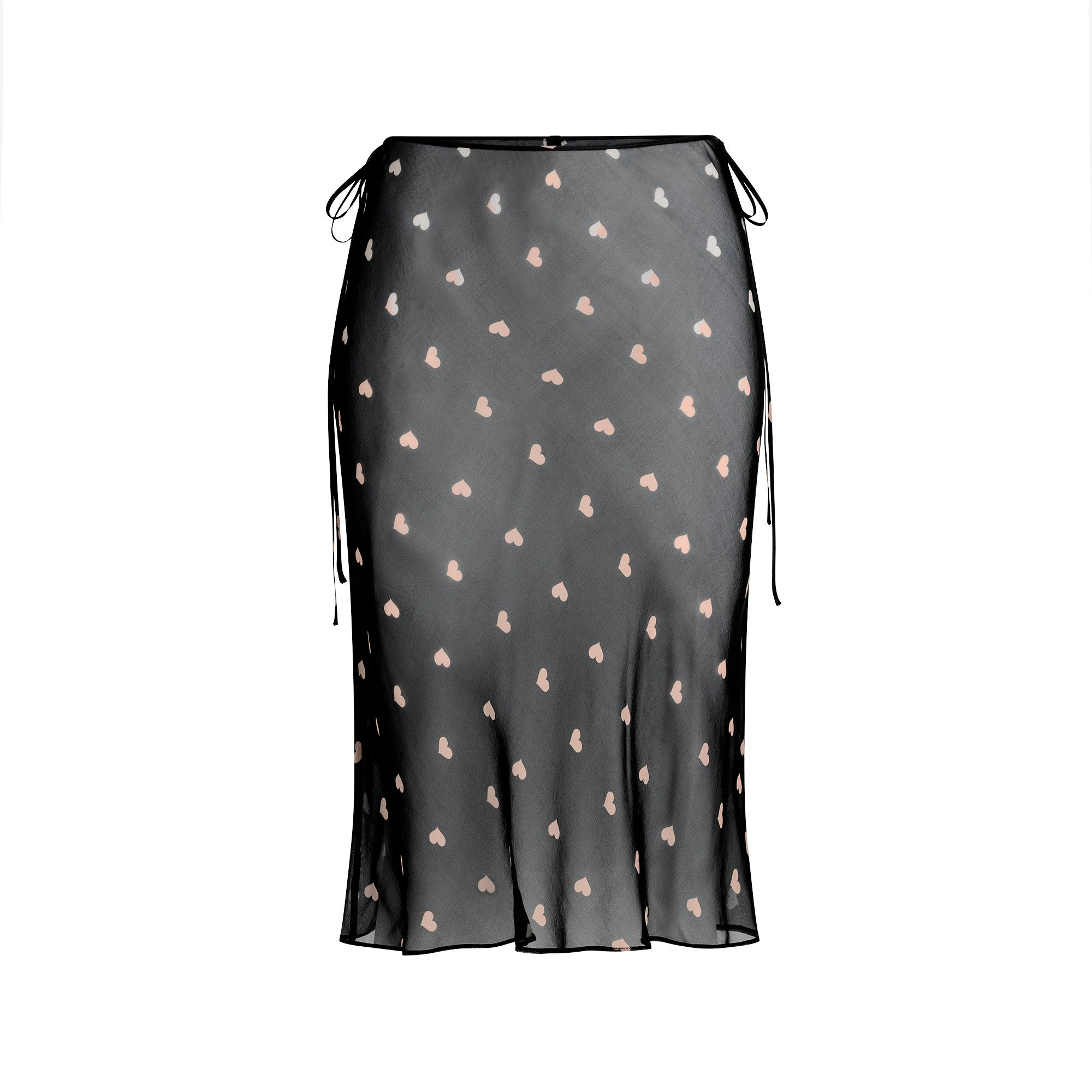 SKIMS ROMANCE MIDI SKIRT | OBSIDIAN SPACED HEARTS FLAT ON A WHITE BACKGROUND | FLT