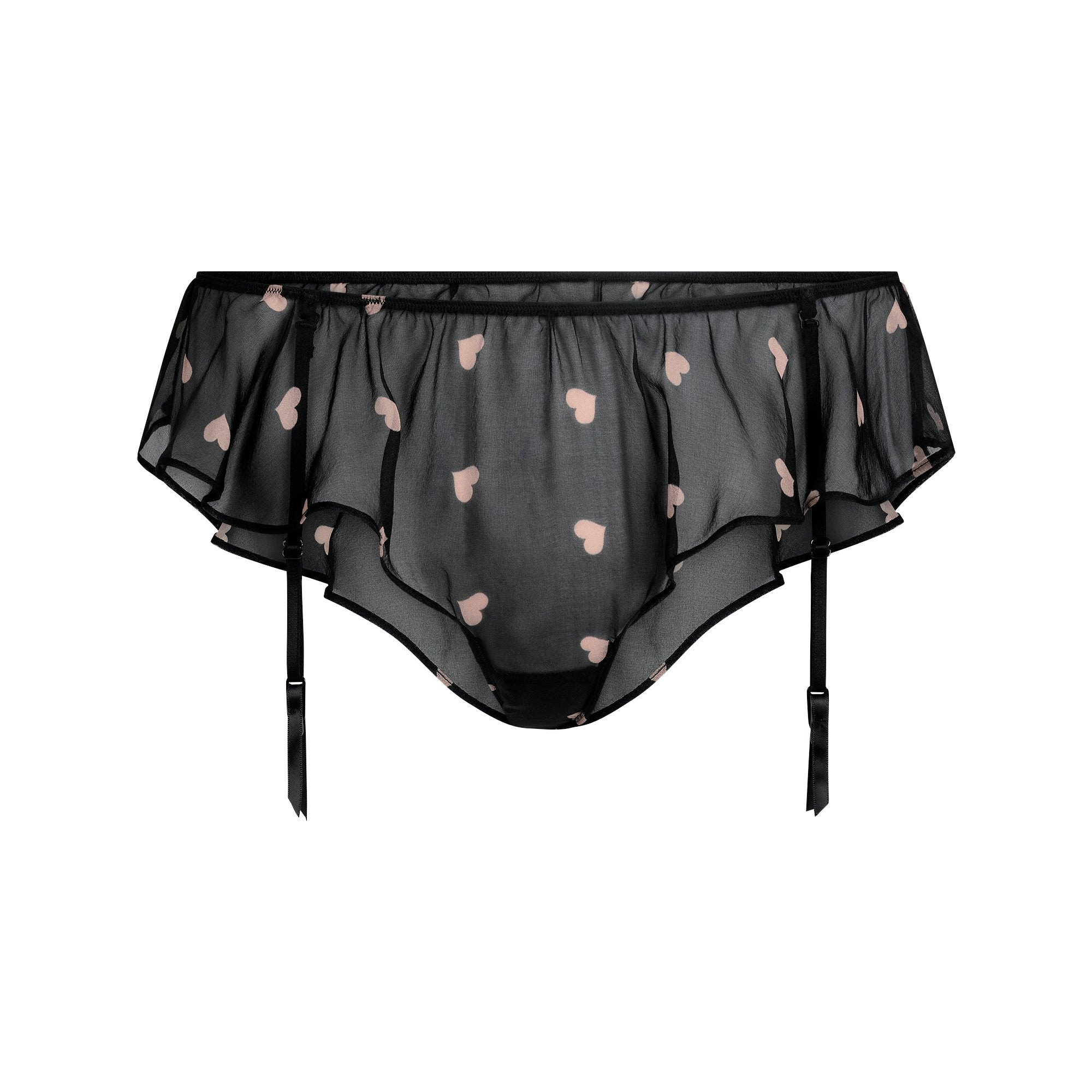 SKIMS ROMANCE BABYDOLL AND GARTER HIPSTER SET | OBSIDIAN SPACED HEARTS FLAT ON A WHITE BACKGROUND | FLT