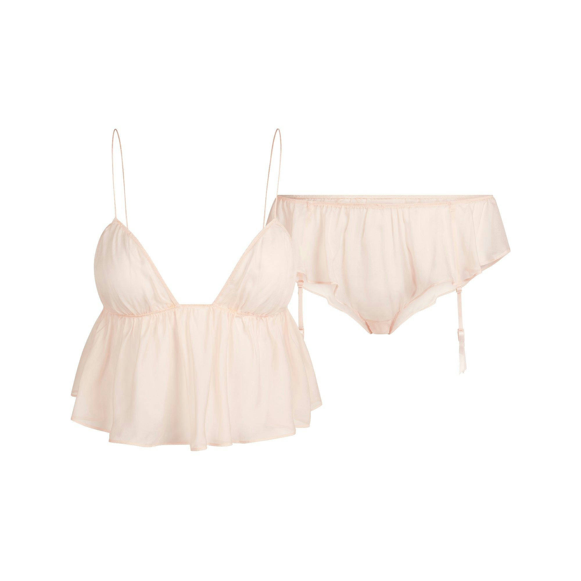 SKIMS ROMANCE BABYDOLL AND GARTER HIPSTER SET | PRIMROSE FLAT ON A WHITE BACKGROUND | FLT
