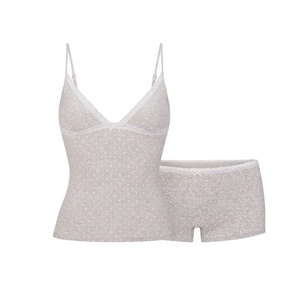 LIGHTWEIGHT COTTON LACE CAMI AND BOY SHORT SET | LIGHT HEATHER GREY FLAT ON A WHITE BACKGROUND | FLT