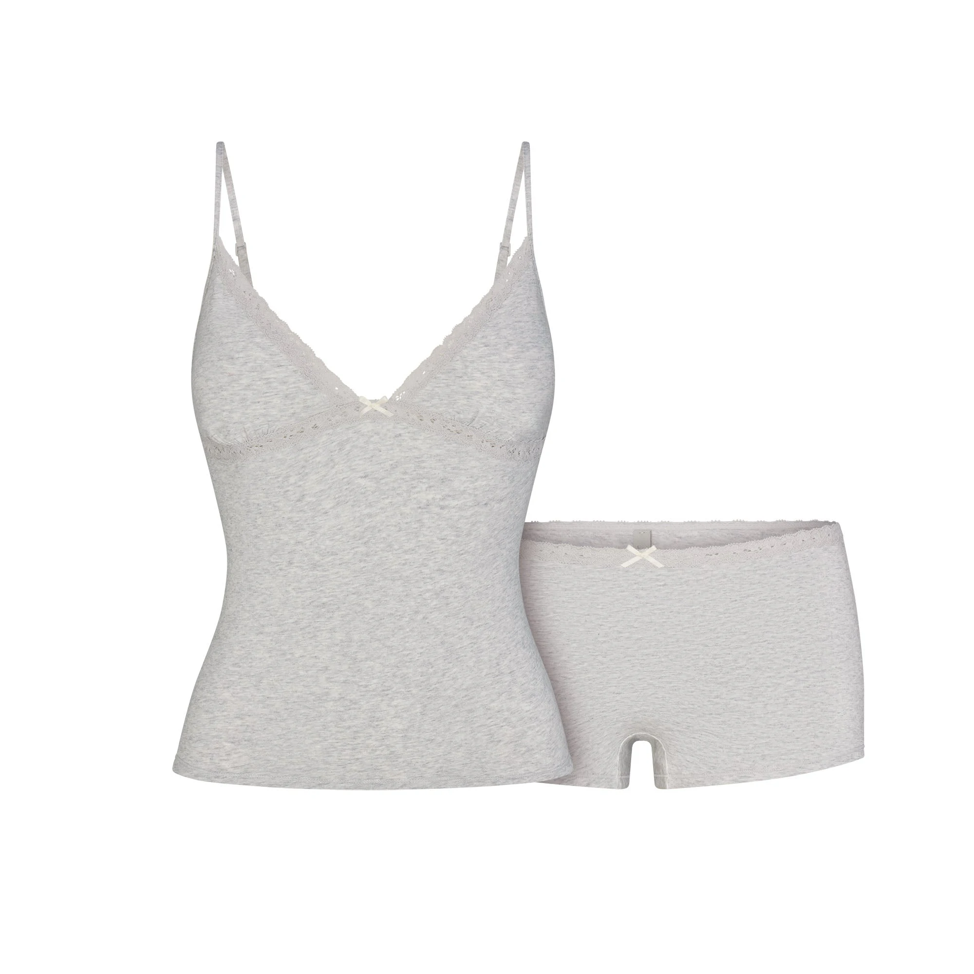 LIGHTWEIGHT COTTON LACE CAMI AND BOY SHORT SET | LIGHT HEATHER GREY FLT @ | FOCUS: 0.0, 1.0, 0.9