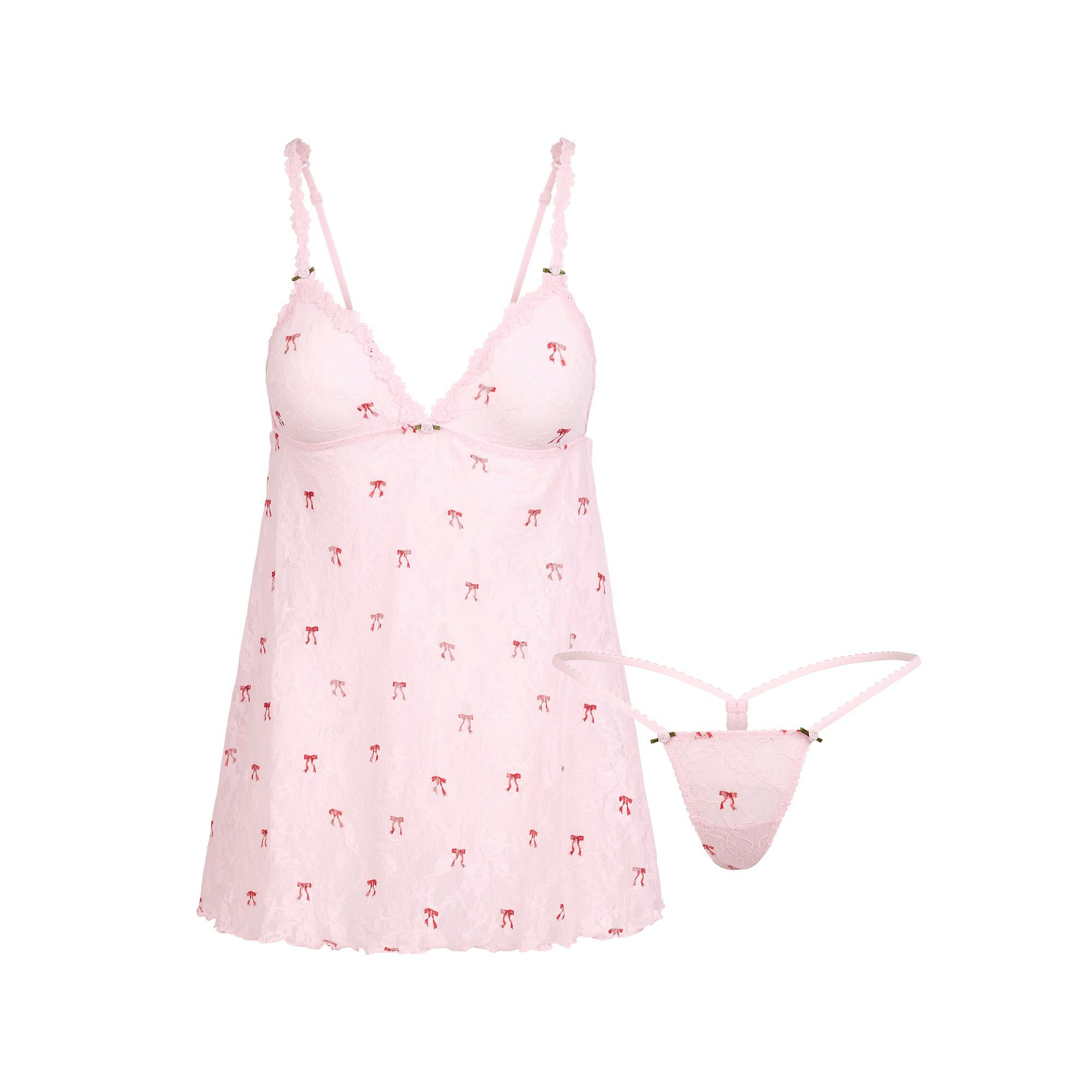 STRETCH LACE SLIP AND THONG SET | CHERRY BLOSSOM BOW PRINT FLAT ON A WHITE BACKGROUND | FLT