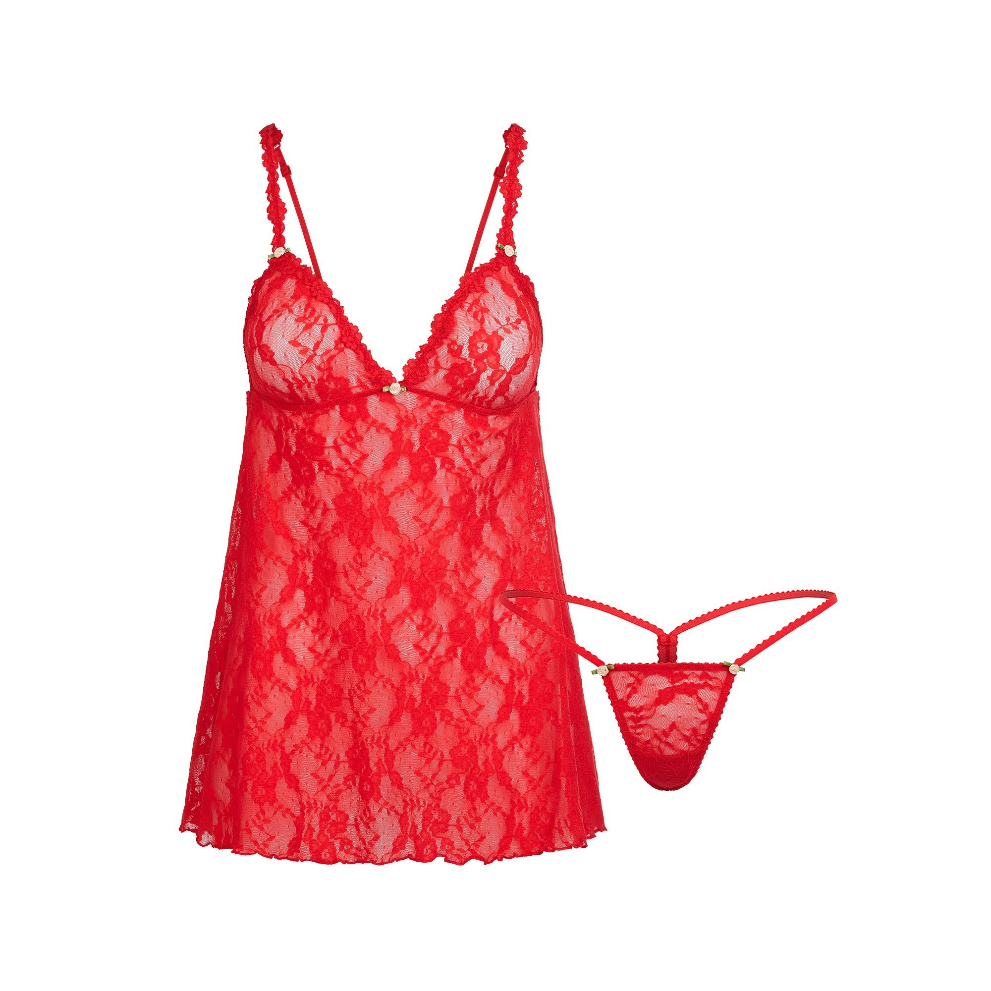 STRETCH LACE SLIP AND THONG SET | RED FLAT ON A WHITE BACKGROUND | FLT