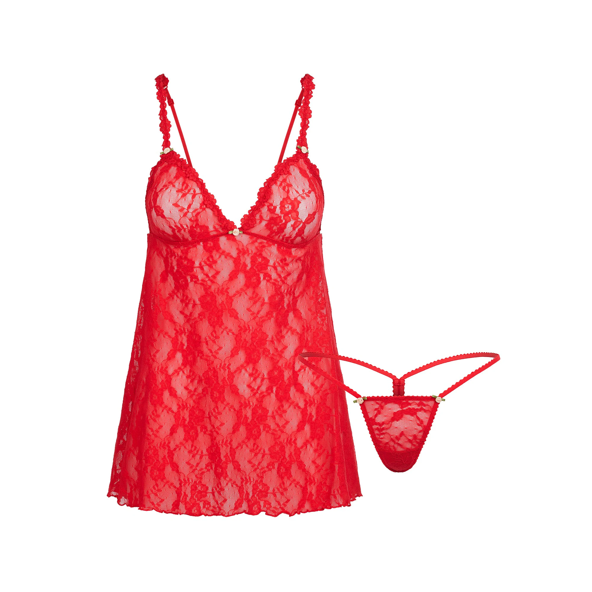 STRETCH LACE SLIP AND THONG SET | RED FLAT ON A WHITE BACKGROUND | FLT