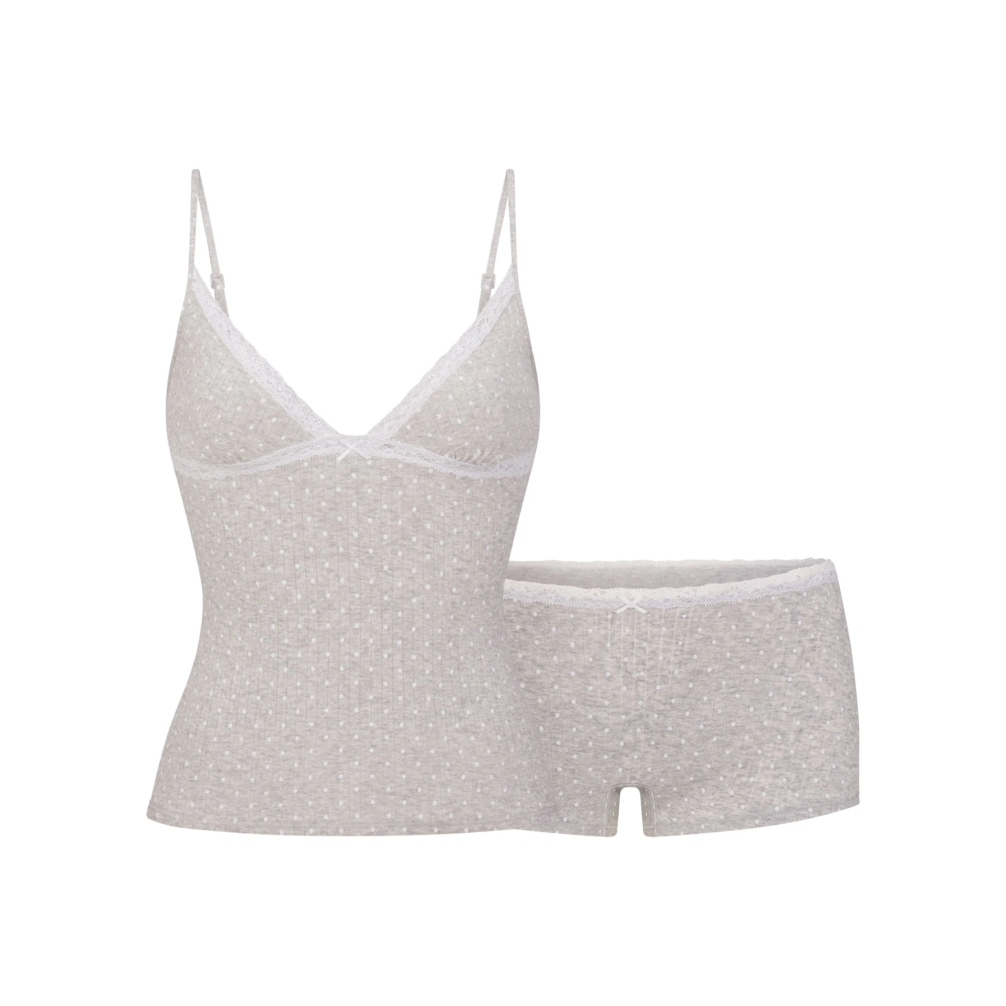 LIGHTWEIGHT COTTON POINTELLE LACE CAMI AND BOY SHORT SET | LIGHT HEATHER GREY PIN DOT FLAT ON A WHITE BACKGROUND | FLT