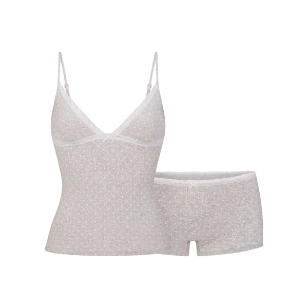 LIGHTWEIGHT COTTON POINTELLE LACE CAMI AND BOY SHORT SET | LIGHT HEATHER GREY PIN DOT FLAT ON A WHITE BACKGROUND | FLT