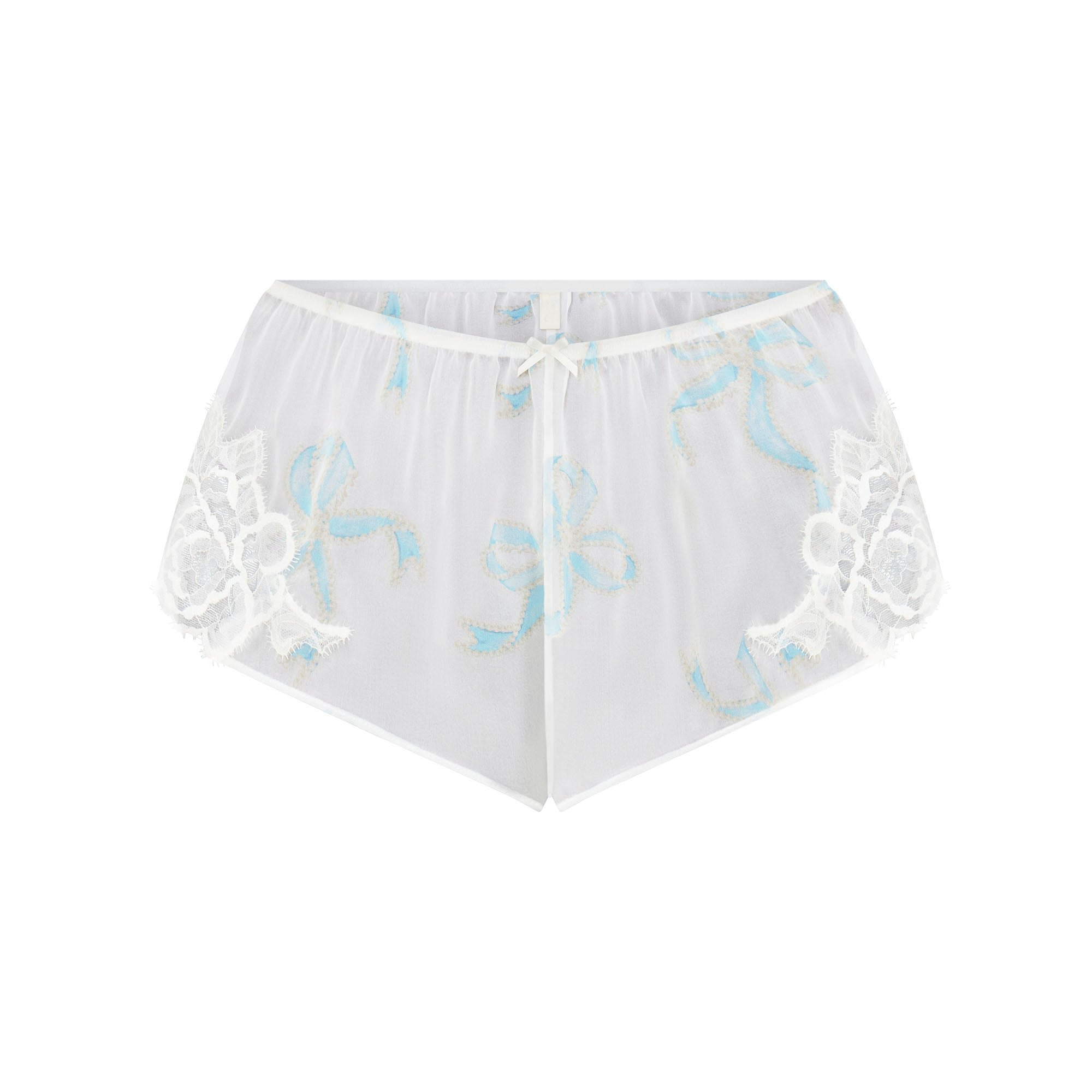 SKIMS ROMANCE CAMI AND SHORT SET | IVORY PEARL BOWS PRINT FLAT ON A WHITE BACKGROUND | FLT