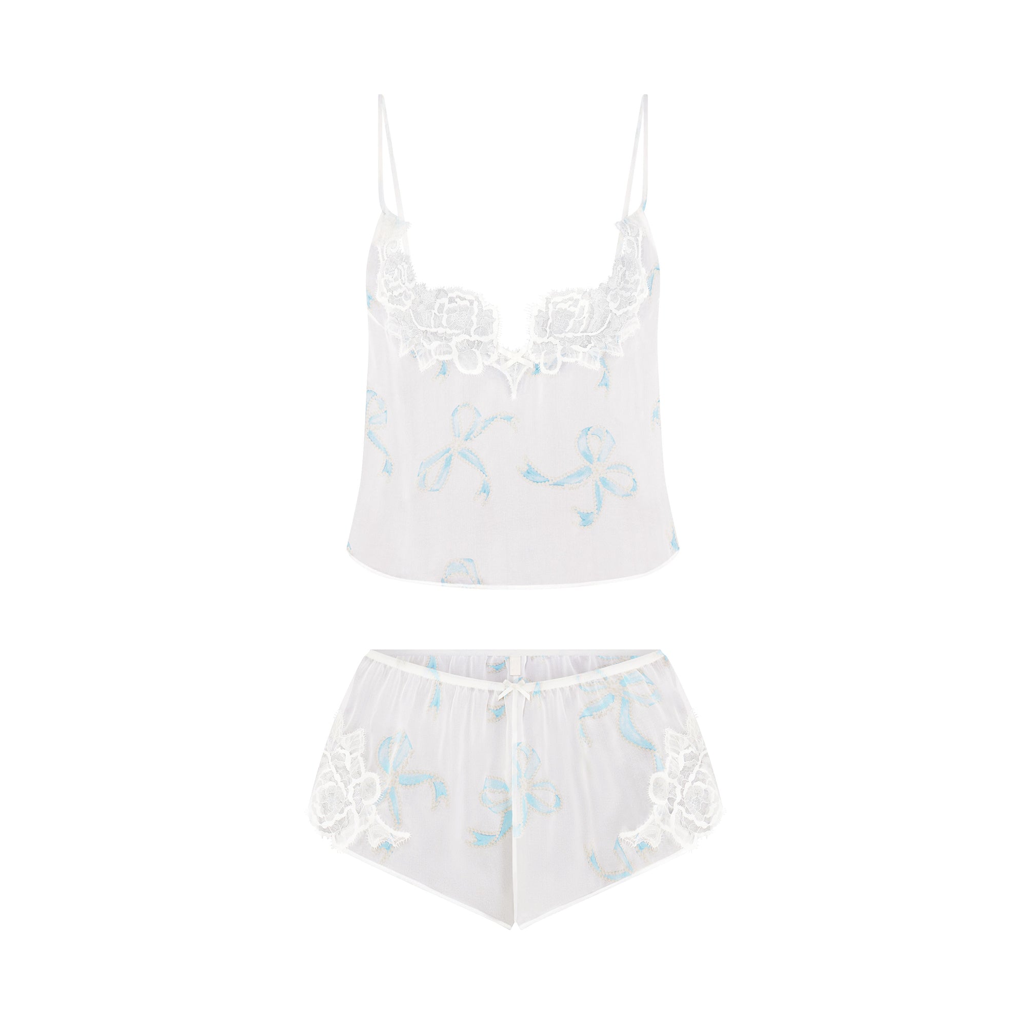 SKIMS ROMANCE CAMI AND SHORT SET | IVORY PEARL BOWS PRINT | SKIMS