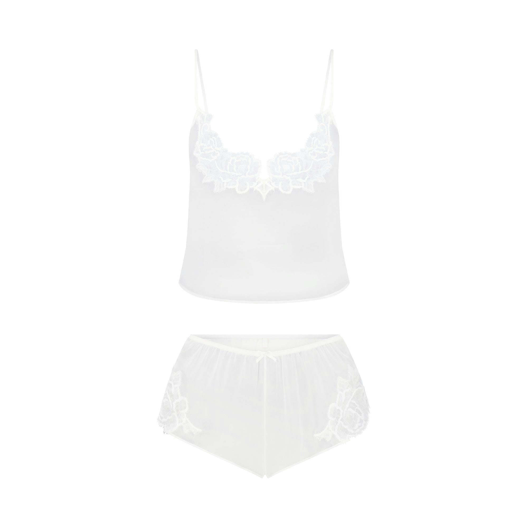 SKIMS ROMANCE CAMI AND SHORT SET | IVORY FLAT ON A WHITE BACKGROUND | FLT