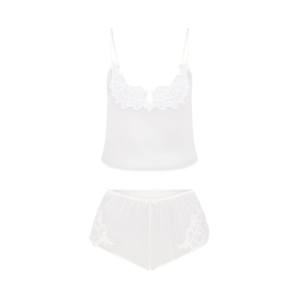 SKIMS ROMANCE CAMI AND SHORT SET | IVORY FLAT ON A WHITE BACKGROUND | FLT