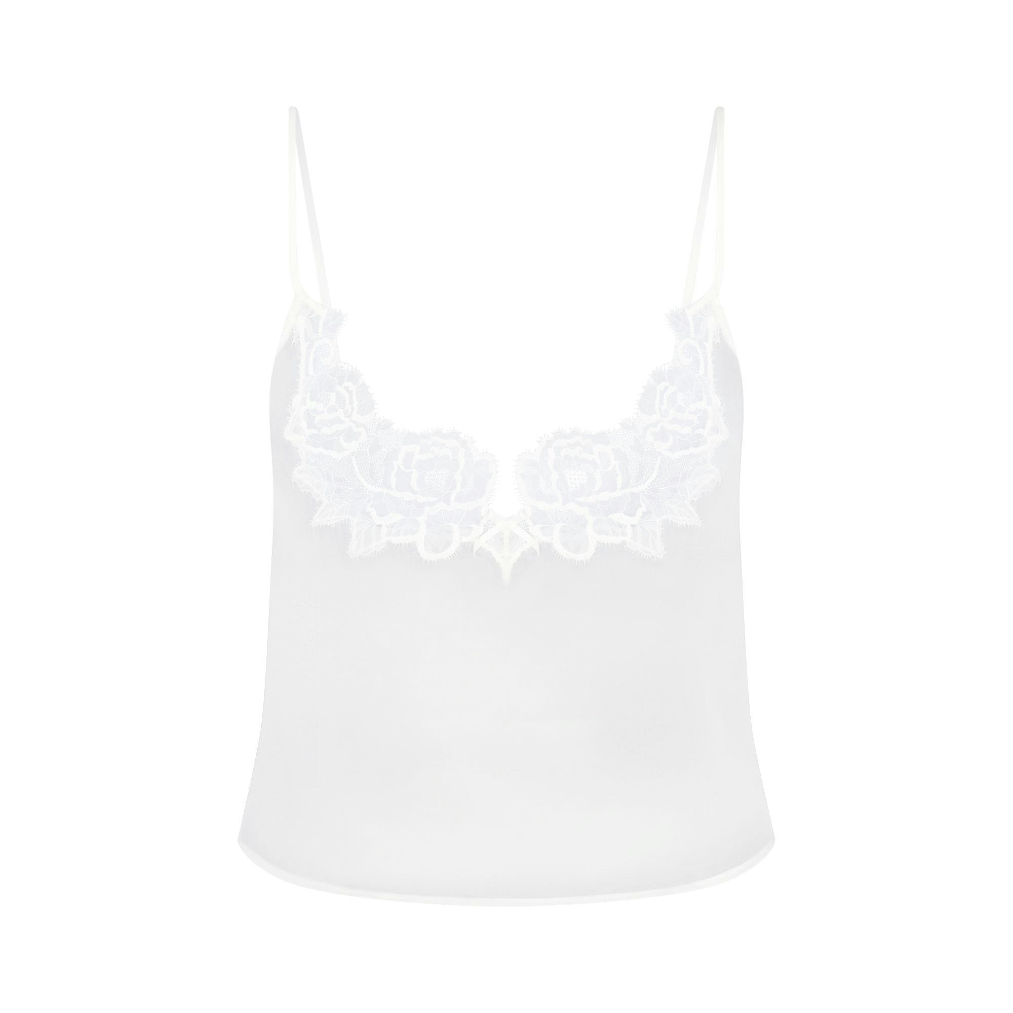 SKIMS ROMANCE CAMI AND SHORT SET | IVORY LAYS FLAT ON A WHITE BACKGROUND | FLT 