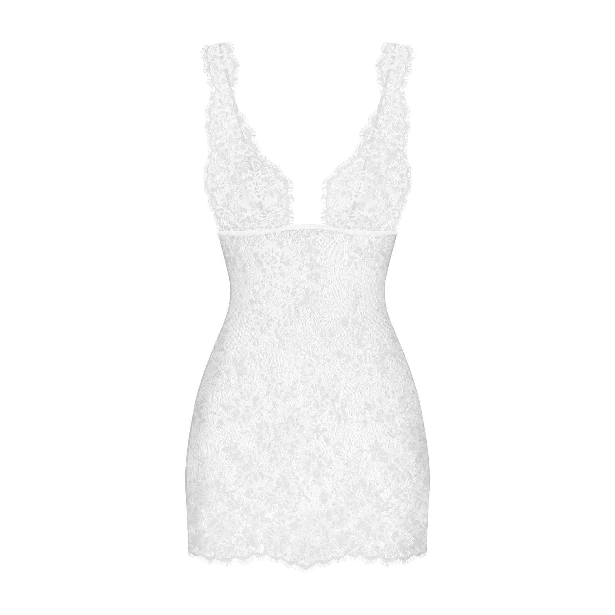 SKIMS LACE MINI SLIP DRESS | SNOW FLAT ON A WHITE BACKGROUND | FLT