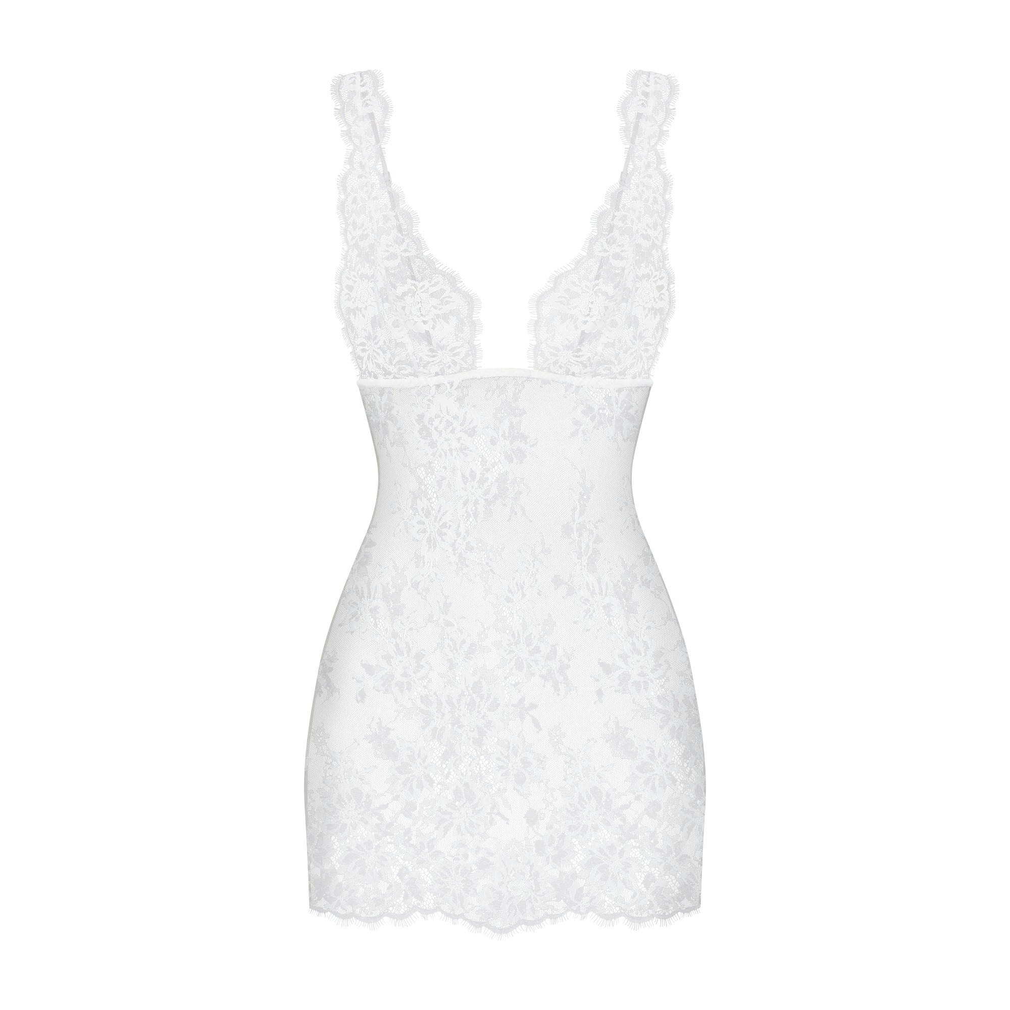 SKIMS LACE MINI SLIP DRESS | SNOW FLAT ON A WHITE BACKGROUND | FLT
