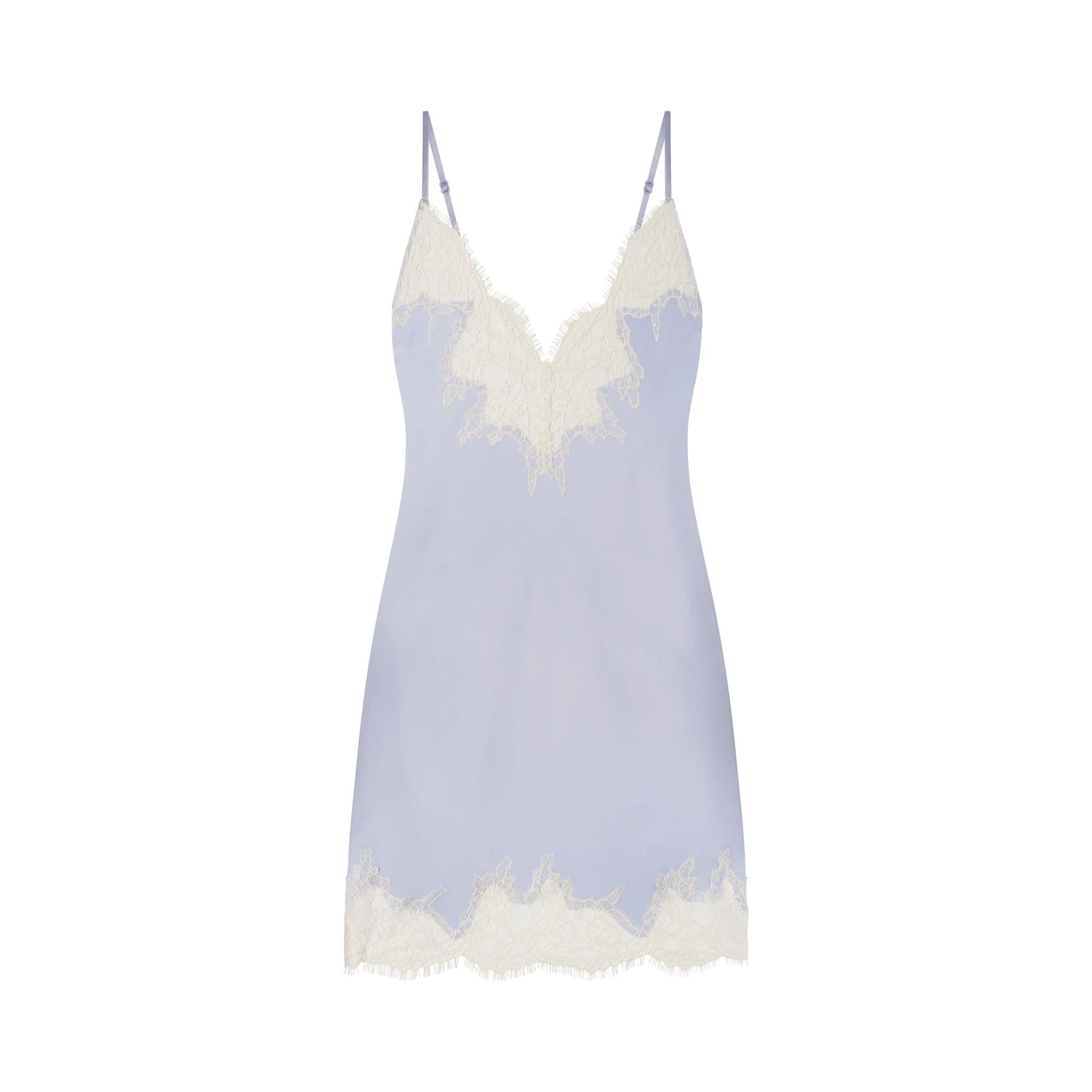 SILK LACE MINI SLIP DRESS | PERIWINKLE CONTRAST FLAT ON A WHITE BACKGROUND | FLT