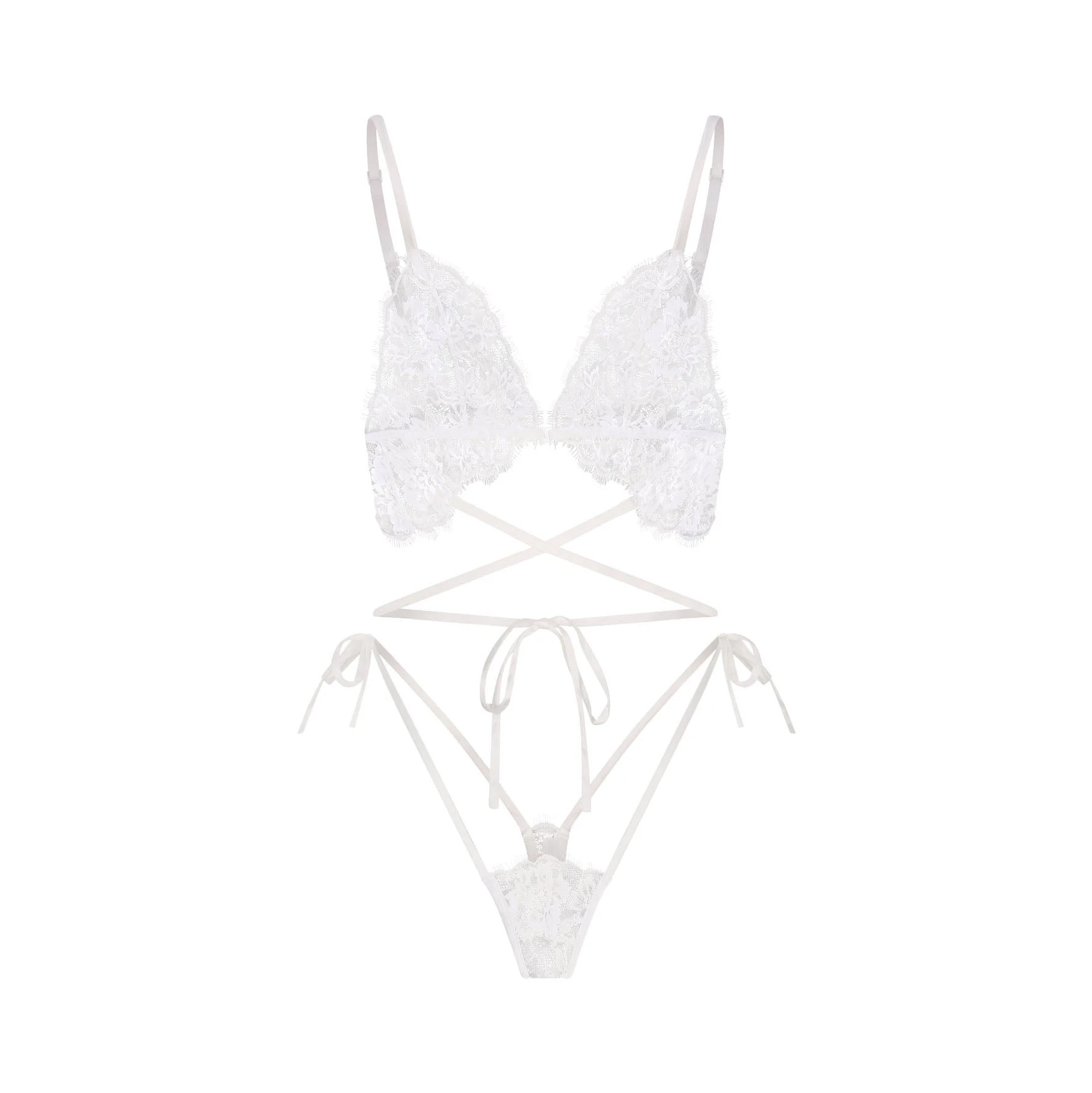 SKIMS LACE CROTCHLESS TEDDY | SNOW FLAT ON A WHITE BACKGROUND | FLT