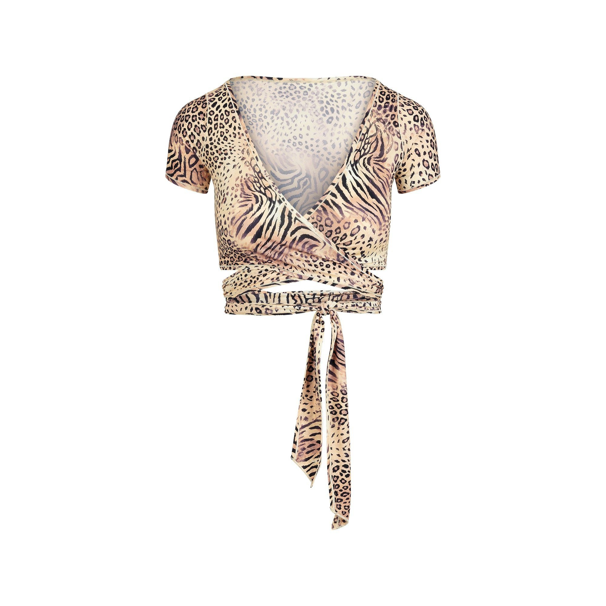 FITS EVERYBODY WRAP SUPER CROPPED T-SHIRT | SAND MULTI ANIMAL FLAT ON A WHITE BACKGROUND | FLT
