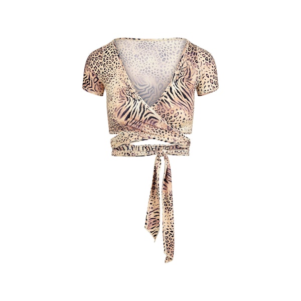 FITS EVERYBODY WRAP SUPER CROPPED T-SHIRT | SAND MULTI ANIMAL FLAT ON A WHITE BACKGROUND | FLT