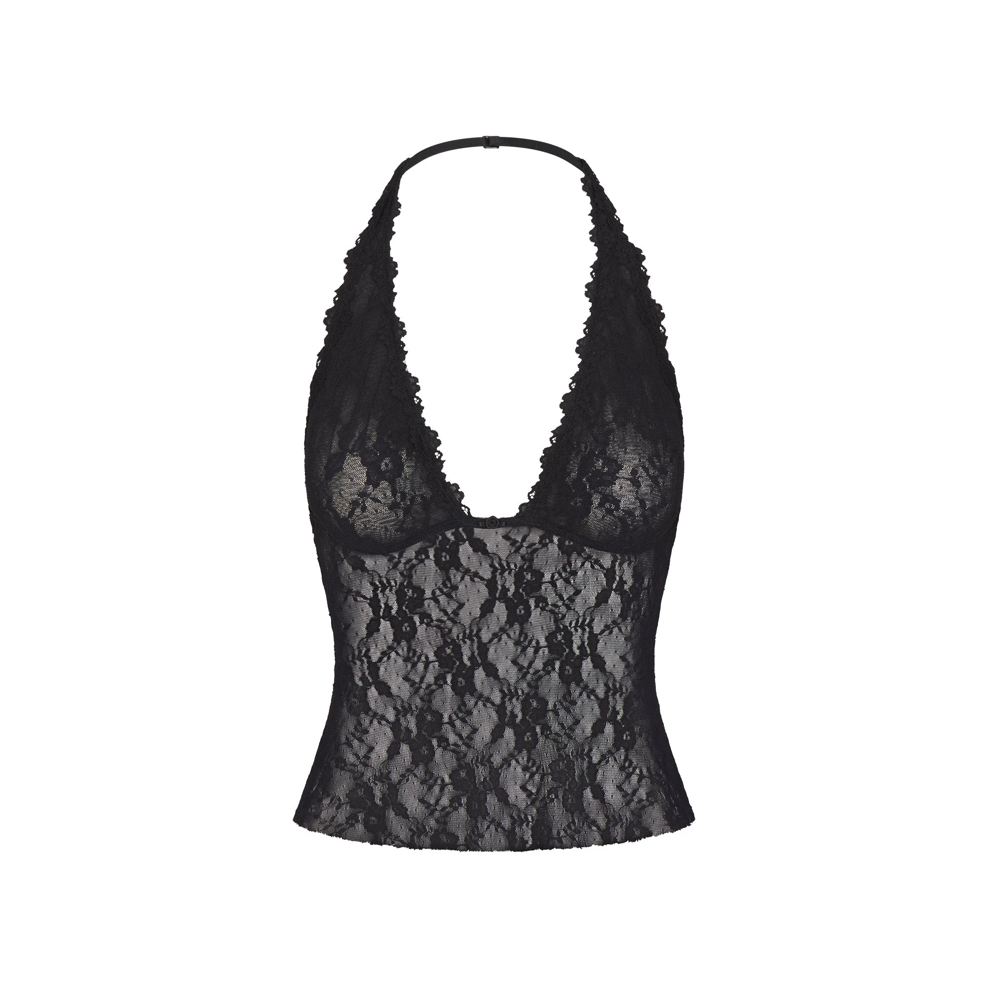 STRETCH LACE HALTER CAMI | SOOT FLAT ON A WHITE BACKGROUND | FLT
