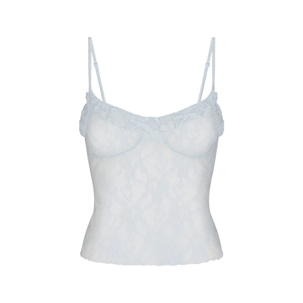STRETCH LACE RUFFLE CAMI | POWDER BLUE FLAT ON A WHITE BACKGROUND | FLT