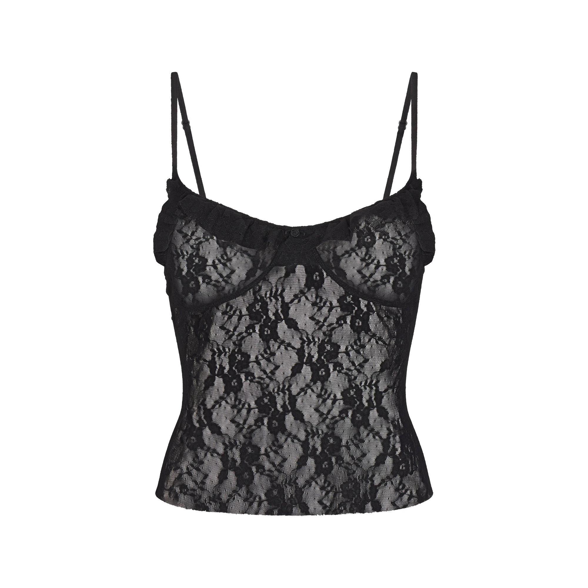 STRETCH LACE RUFFLE CAMI | SOOT FLAT ON A WHITE BACKGROUND | FLT