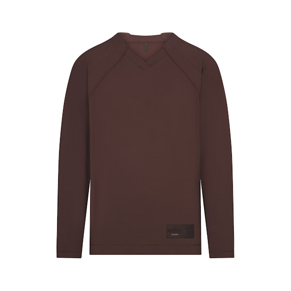 NikeSKIMS AIRY V-NECK OVERSIZED LONG SLEEVE TOP | DARK SEPIA FLAT ON A WHITE BACKGROUND | FLT