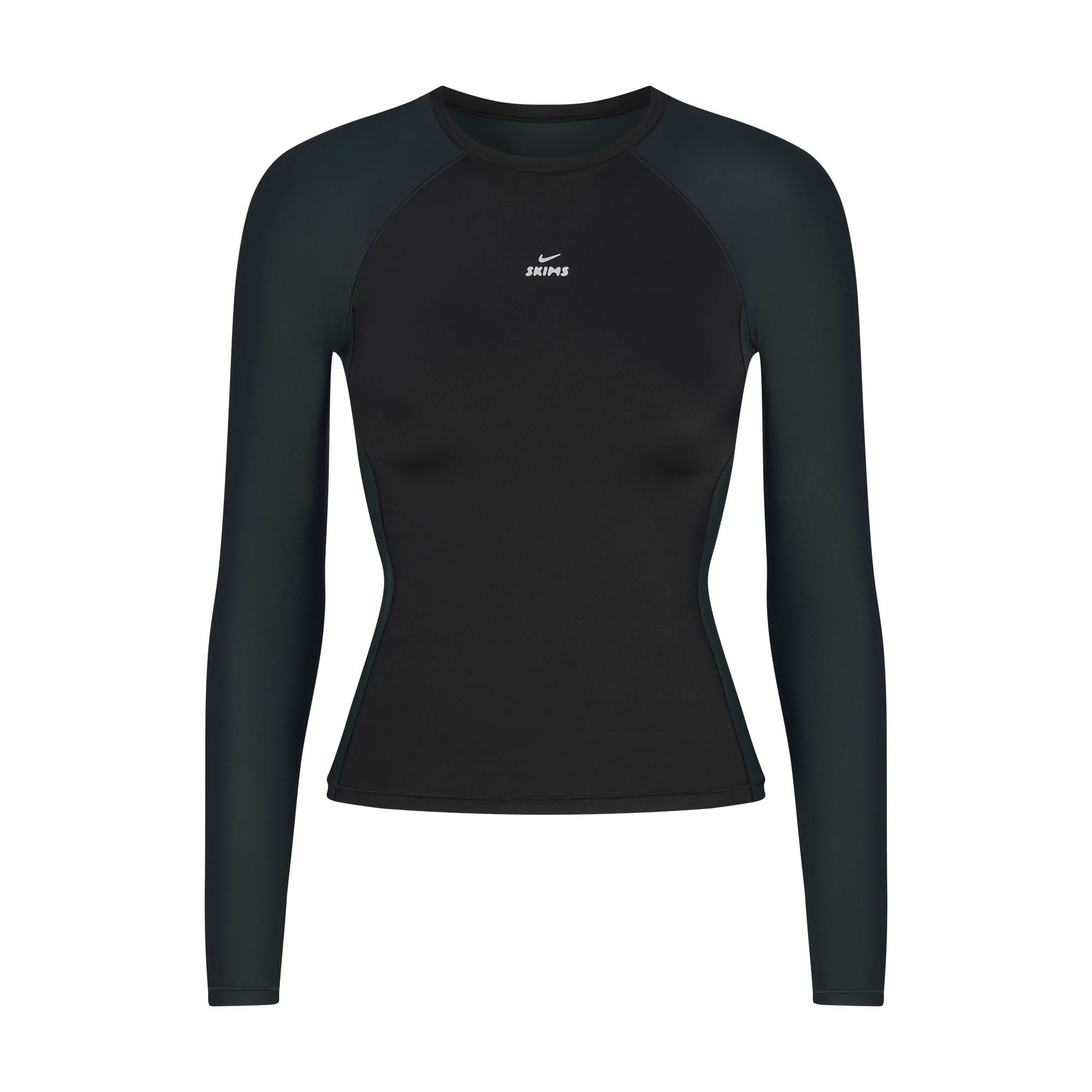 NikeSKIMS SHINE LONG SLEEVE CREW NECK | OBSIDIAN AND DARK TEAL FLAT ON A WHITE BACKGROUND | FLT