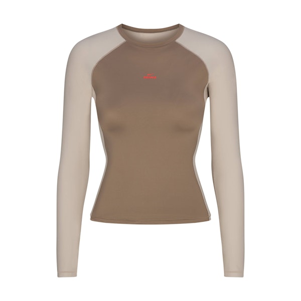 NikeSKIMS SHINE LONG SLEEVE CREW NECK | TRUFFLE AND STONE FLAT ON A WHITE BACKGROUND | FLT