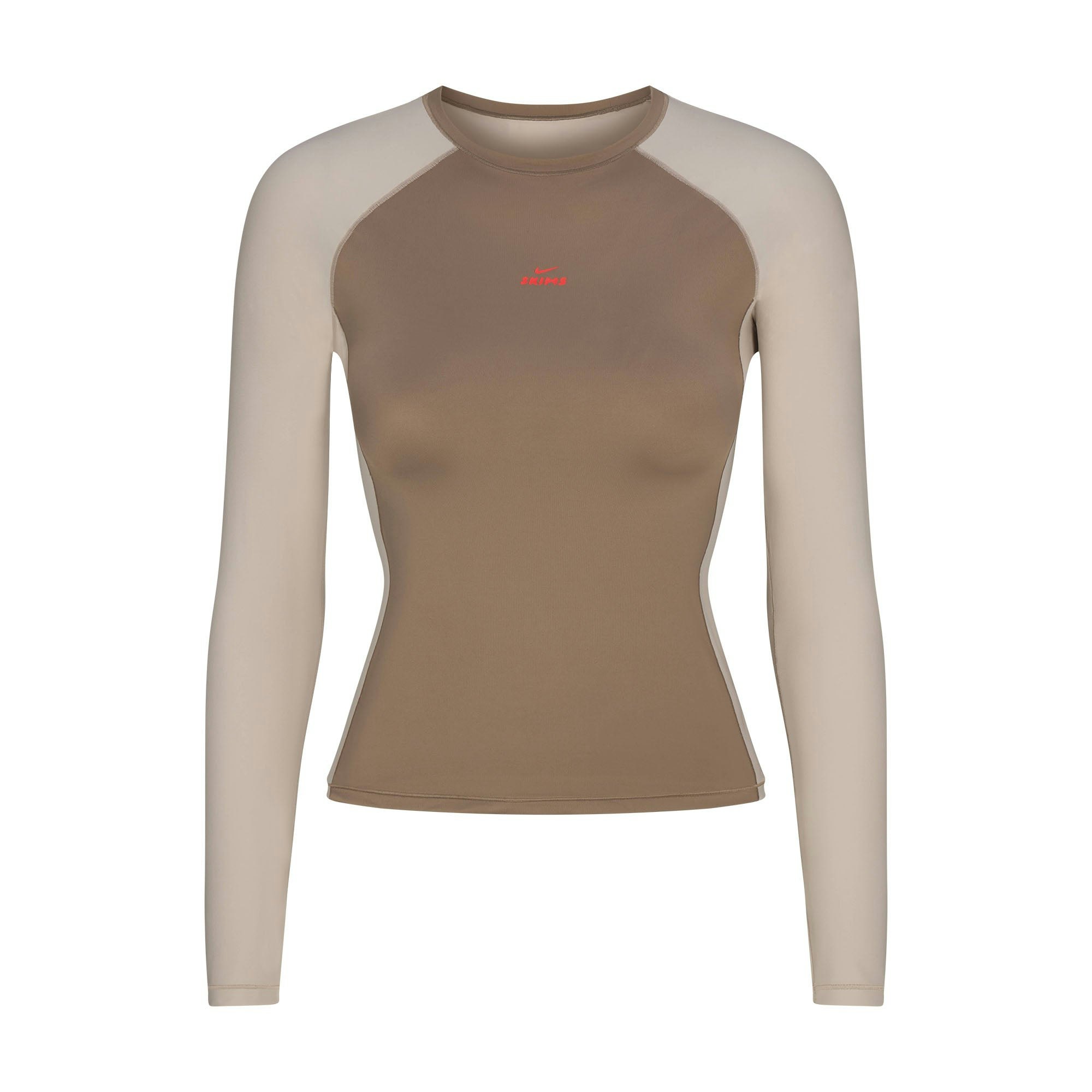 NikeSKIMS SHINE LONG SLEEVE CREW NECK | TRUFFLE AND STONE FLAT ON A WHITE BACKGROUND | FLT